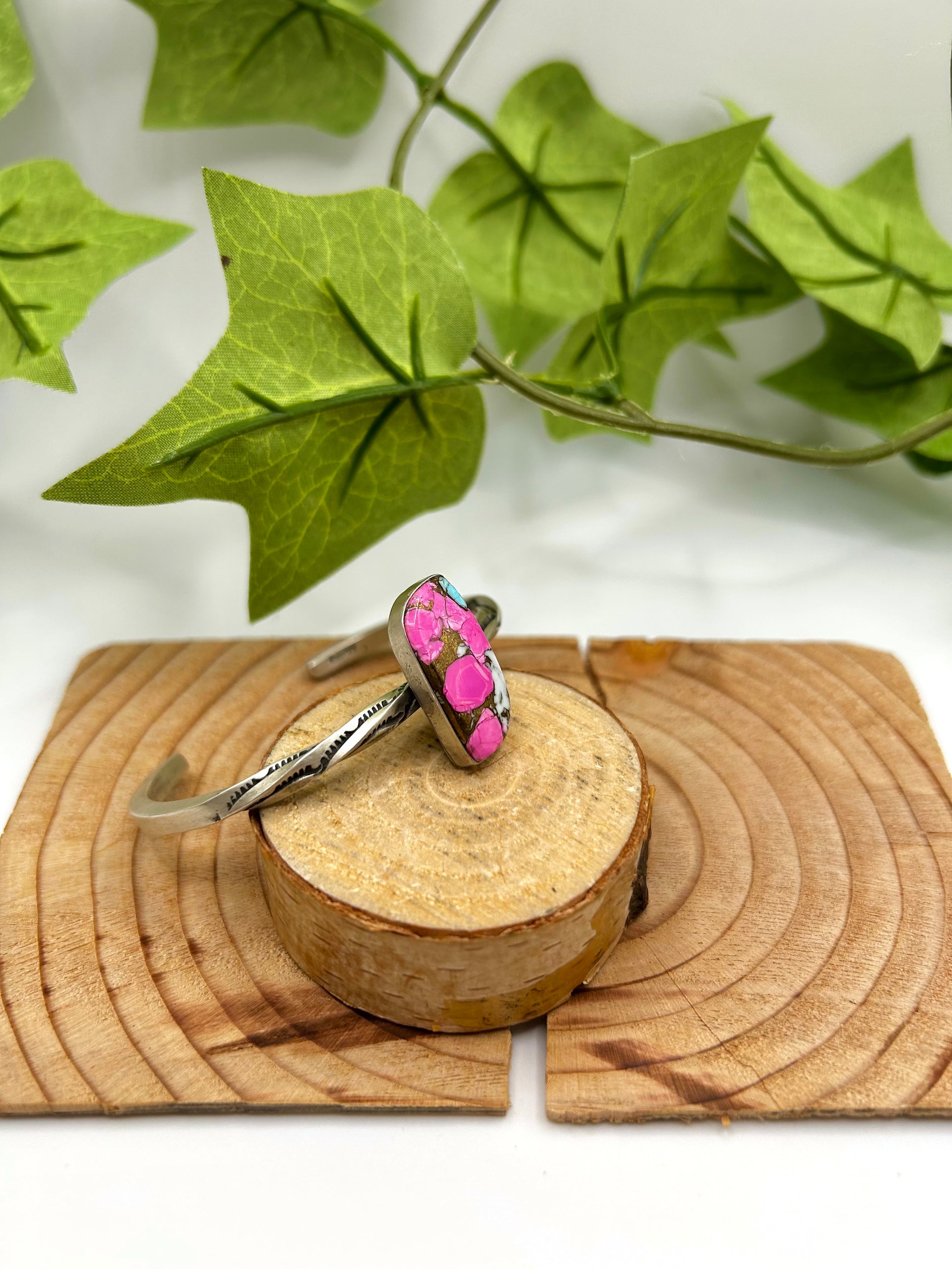 Navajo Made Cotton Candy Dahlia & Sterling Silver Cuff Bracelet