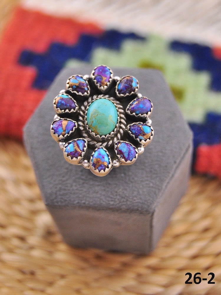 Southwest Made Multi Stone & Sterling Sliver Cluster Adjustable Ring