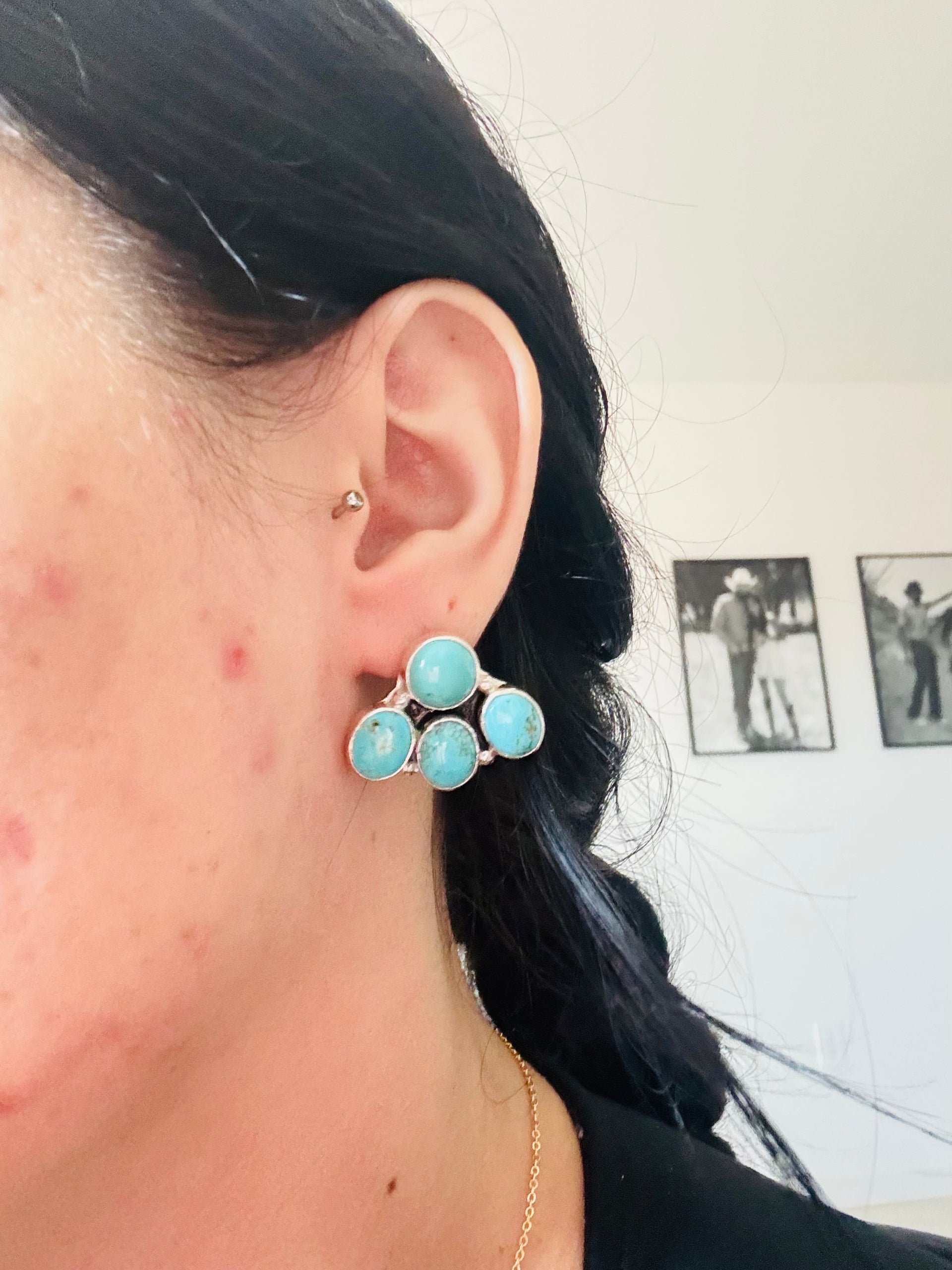 Navajo Made Kingman Turquoise & Sterling Silver Post Cluster Earrings