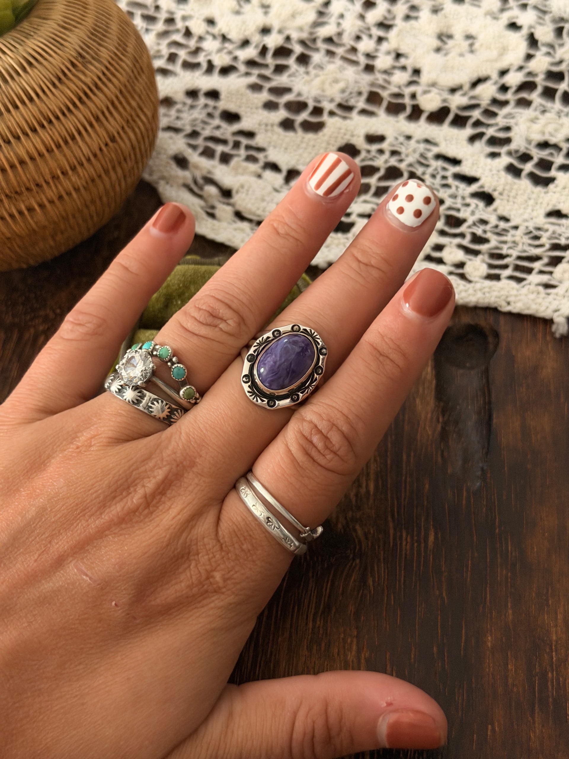 Navajo Made Charoite & Sterling Silver Ring Size 8.25
