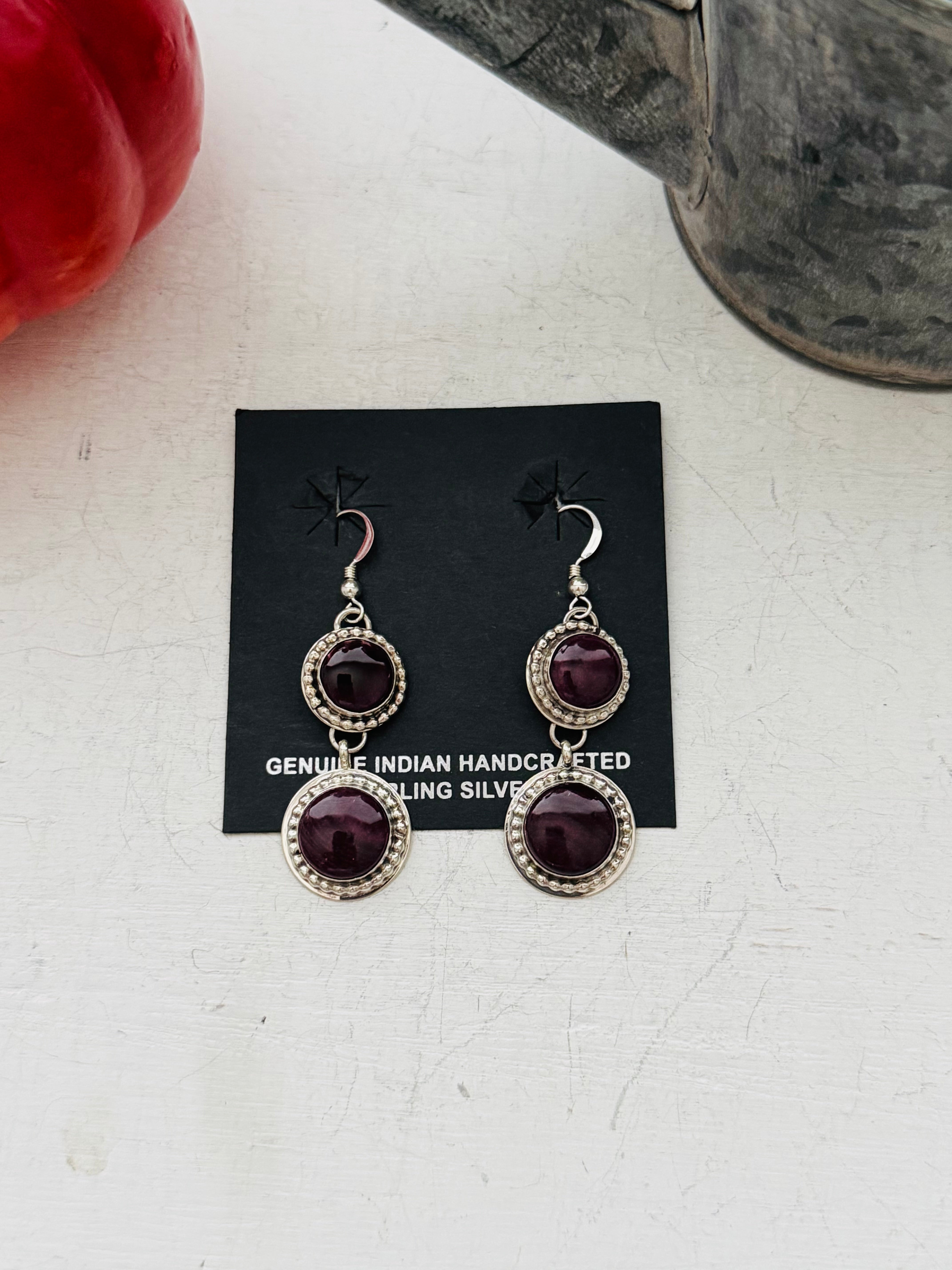 Navajo Made Purple Spiny Oyster & Sterling Silver Dangle Earrings