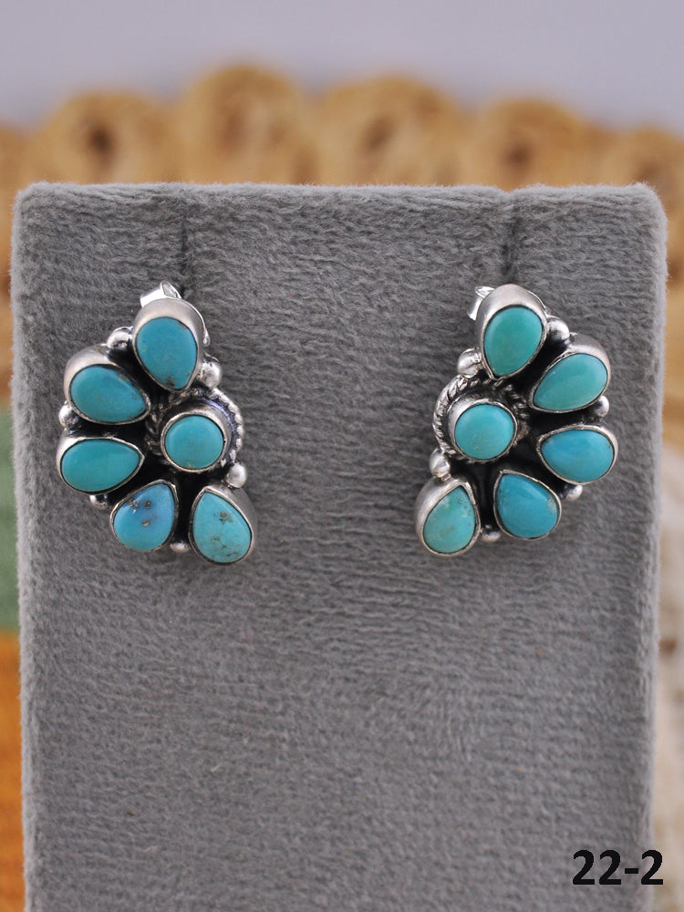 Southwest Handmade Kingman Turquoise & Sterling Silver Post Cluster Earrings.