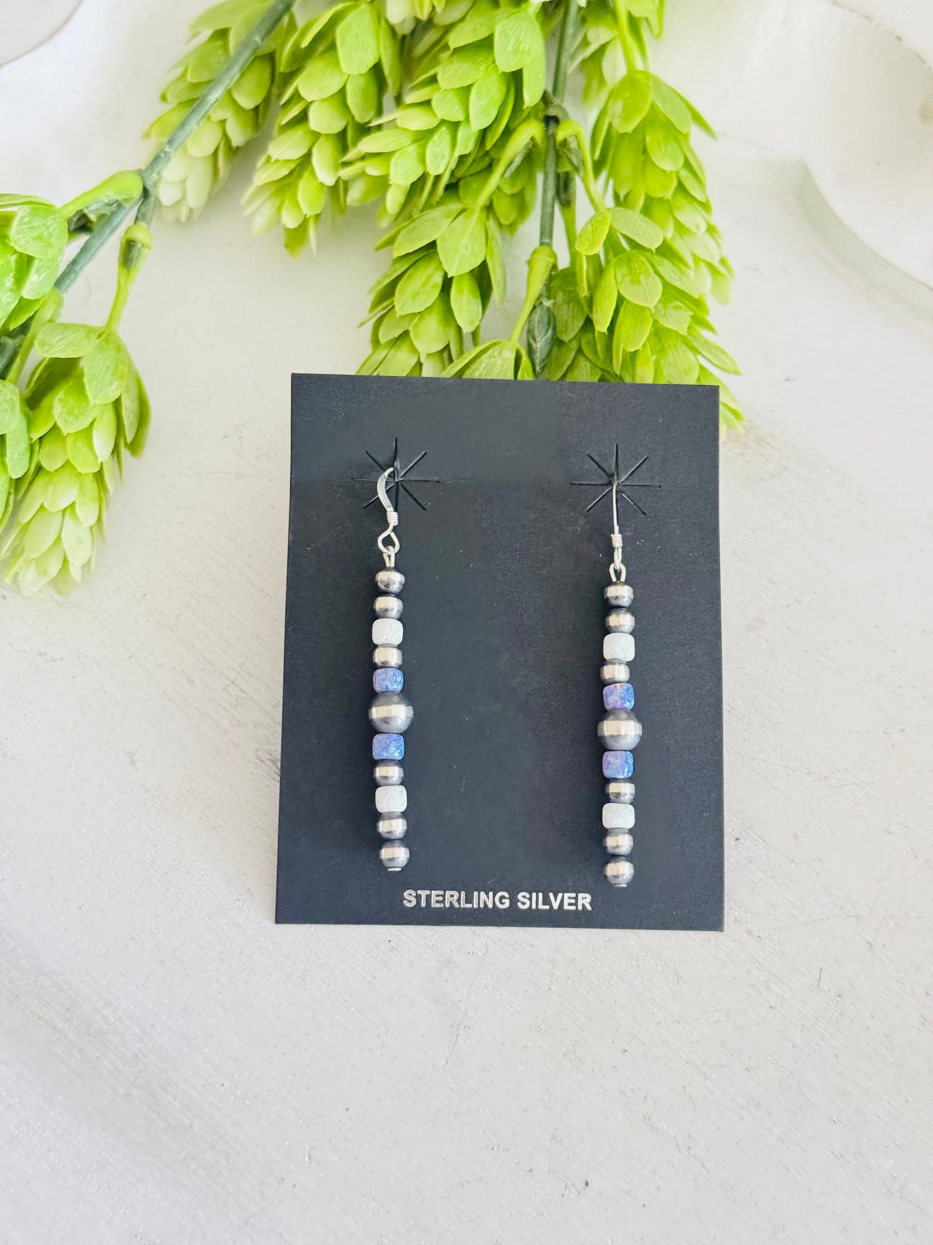 Navajo Strung Opal (Man Made) & Sterling Silver Graduated Pearl Dangle Earrings