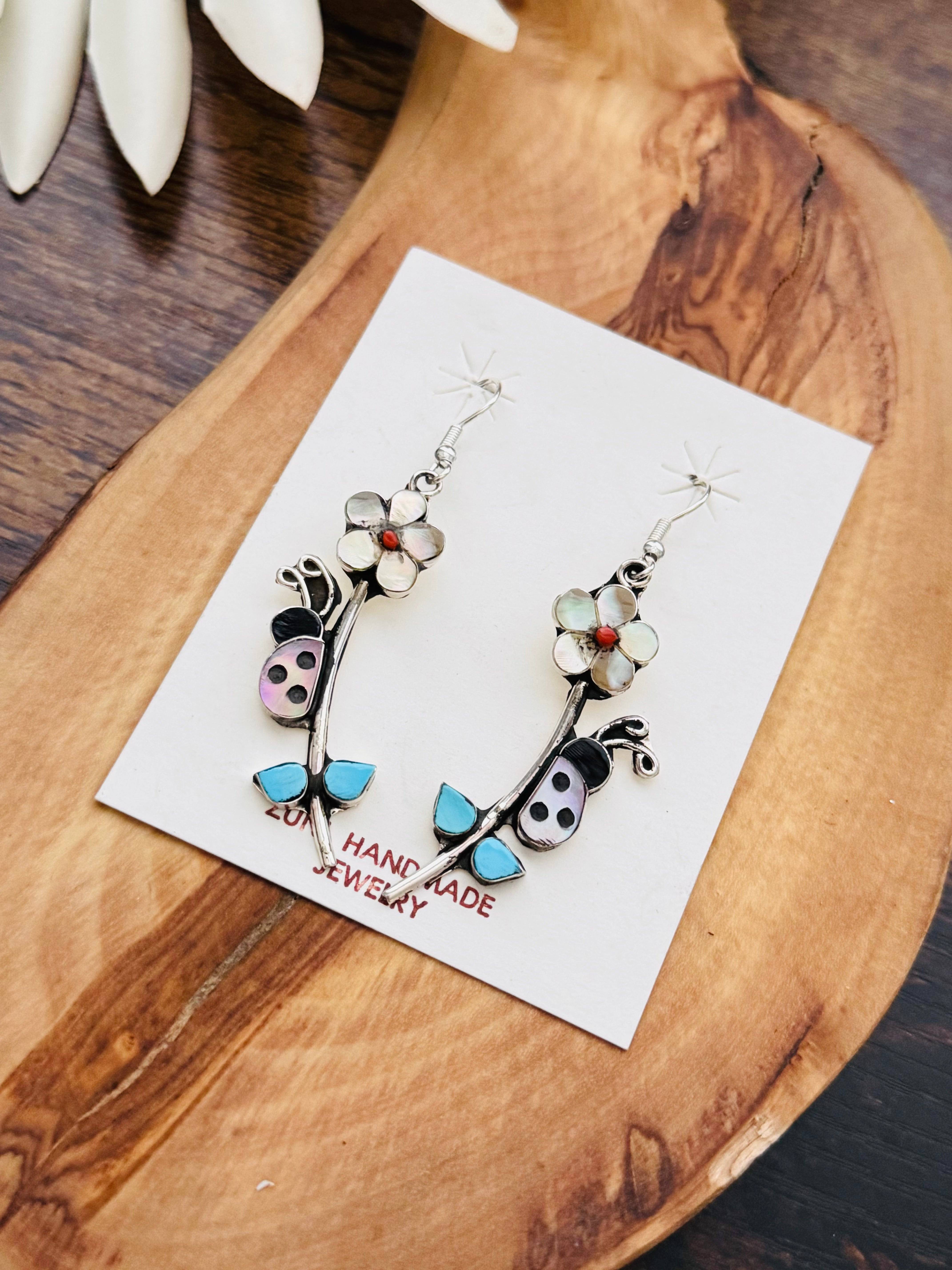 Zuni Made Multi Stone & Sterling Silver Dangle Earrings