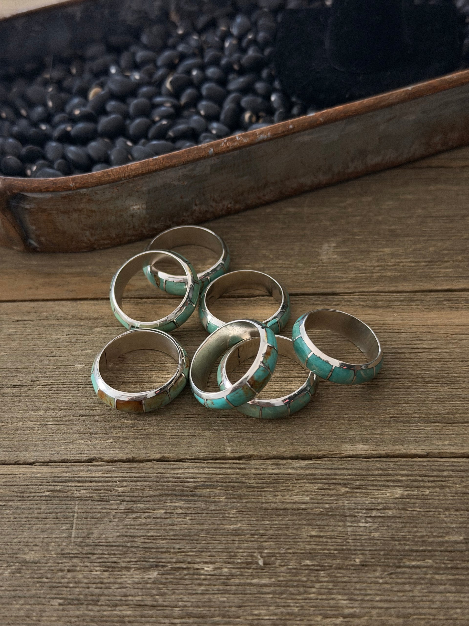 Navajo Made Kingman Turquoise & Sterling Silver Inlay Band Ring
