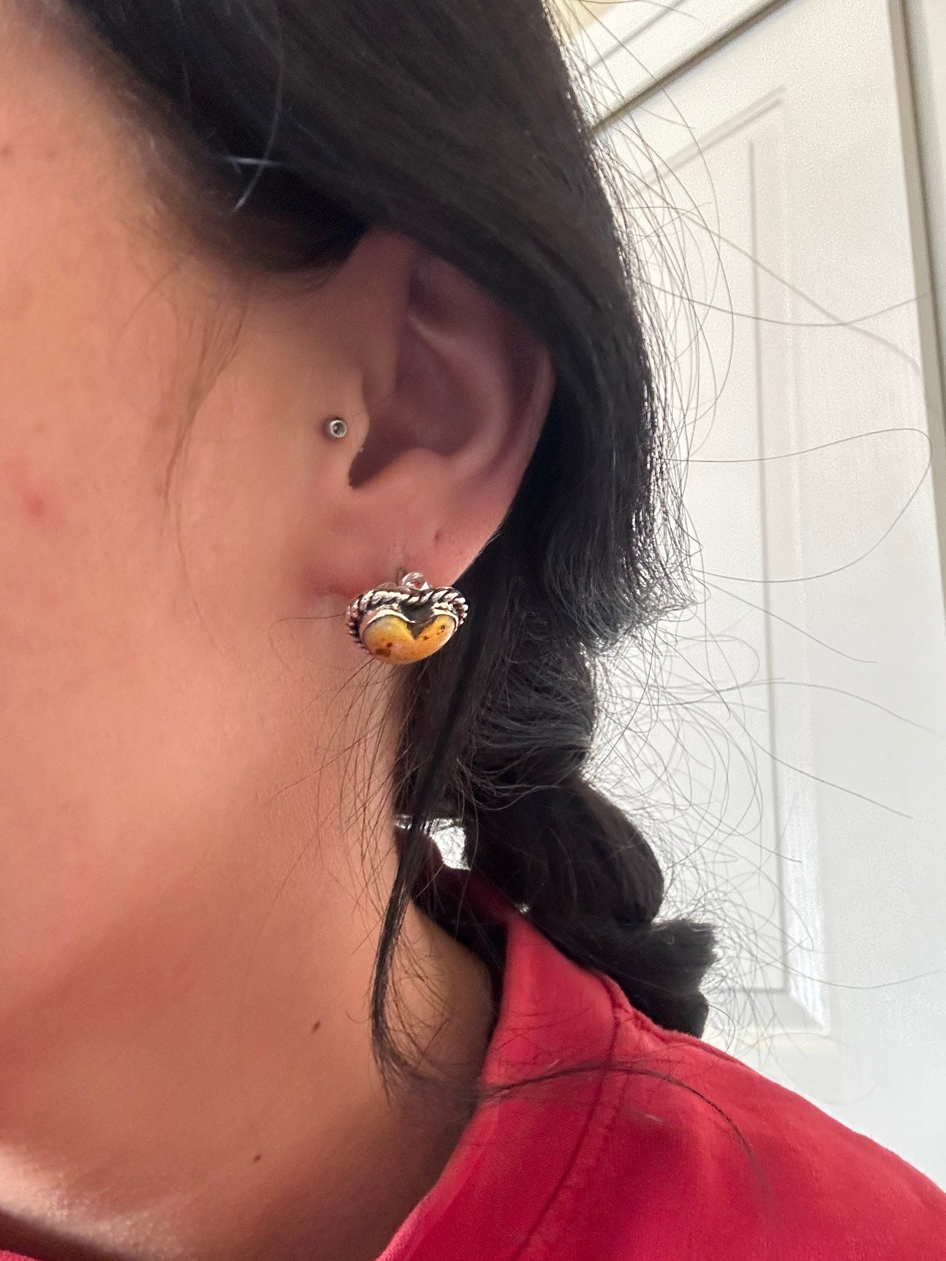 Southwest Handmade Bb Agate & Sterling Silver Post Heart Earrings