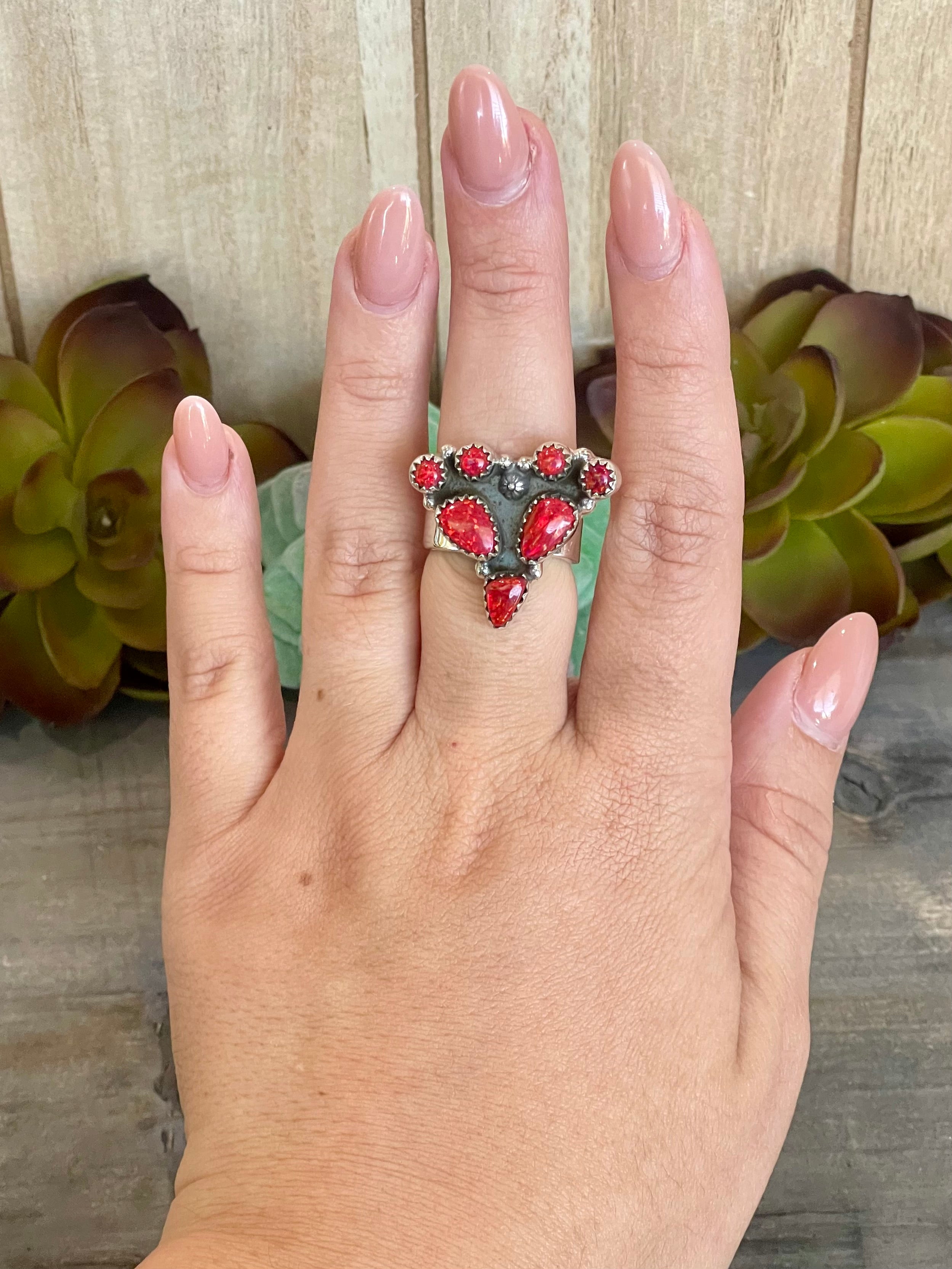 Southwest Handmade Red Fire Opal & Sterling Silver Adjustable Ring