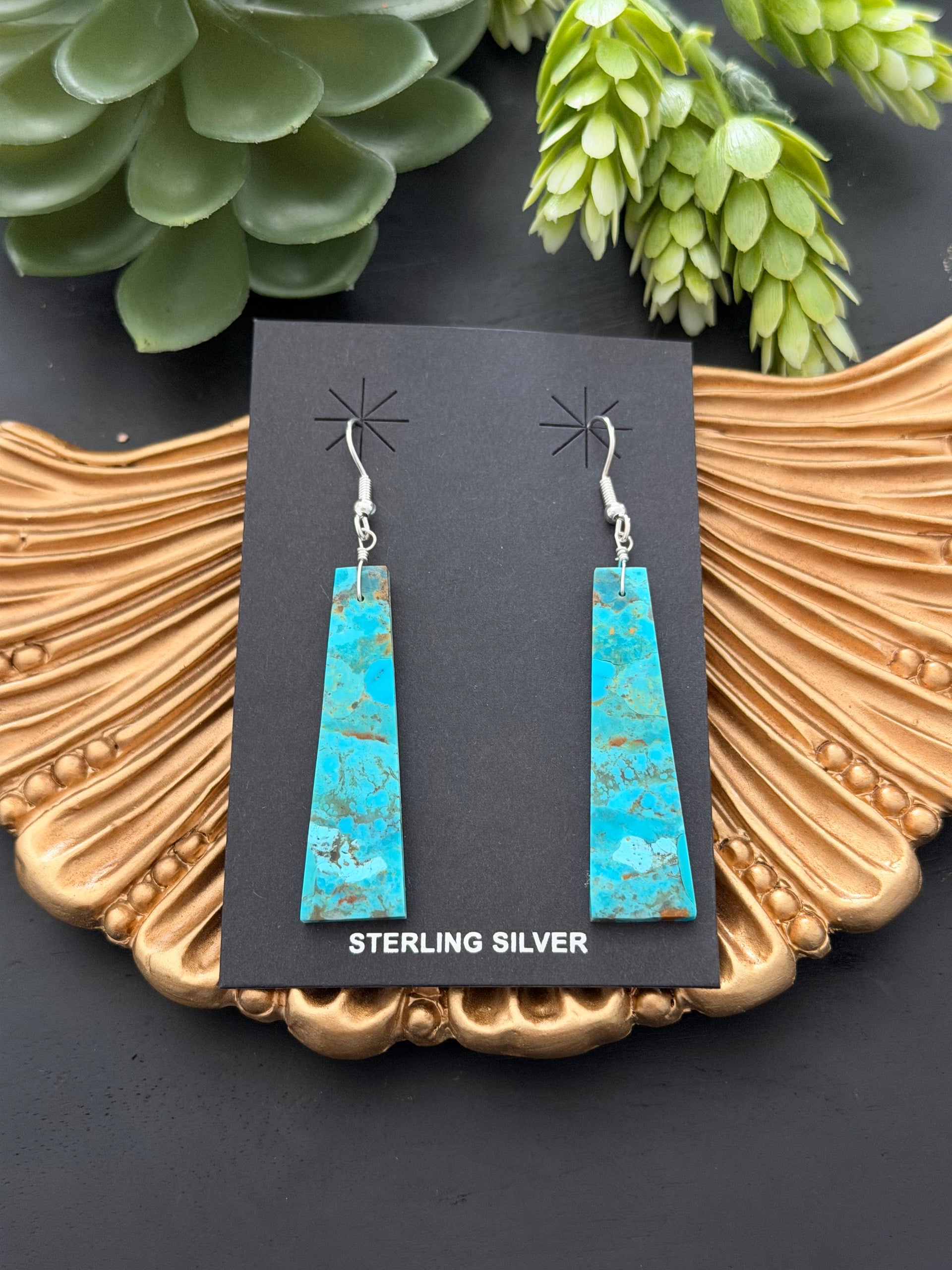 Navajo Made Mohave Turquoise & Sterling Silver Slab Dangle Earrings