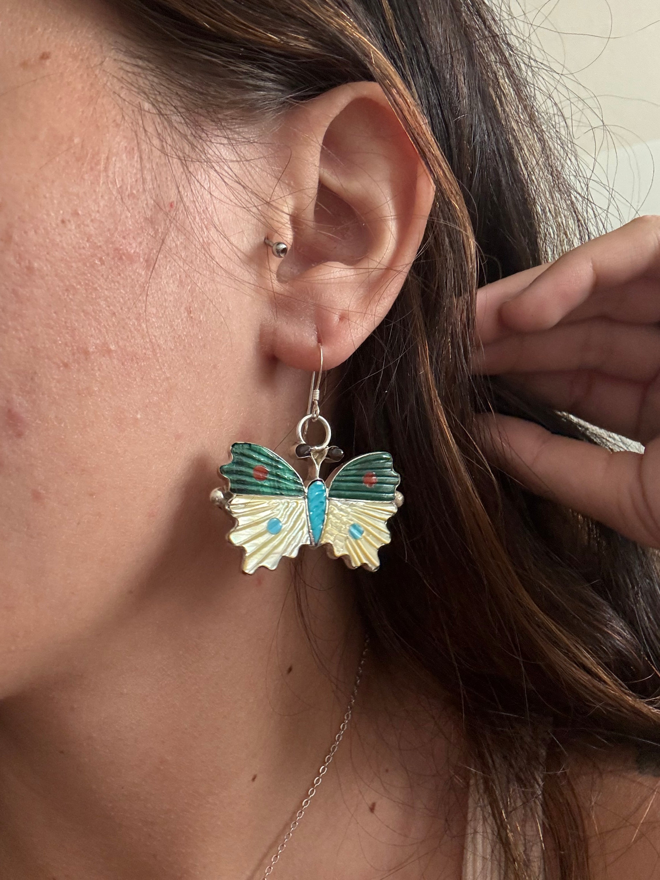 Tamara Pinto Multi Stone & Sterling Silver Inlay Dangle Butterfly Earrings