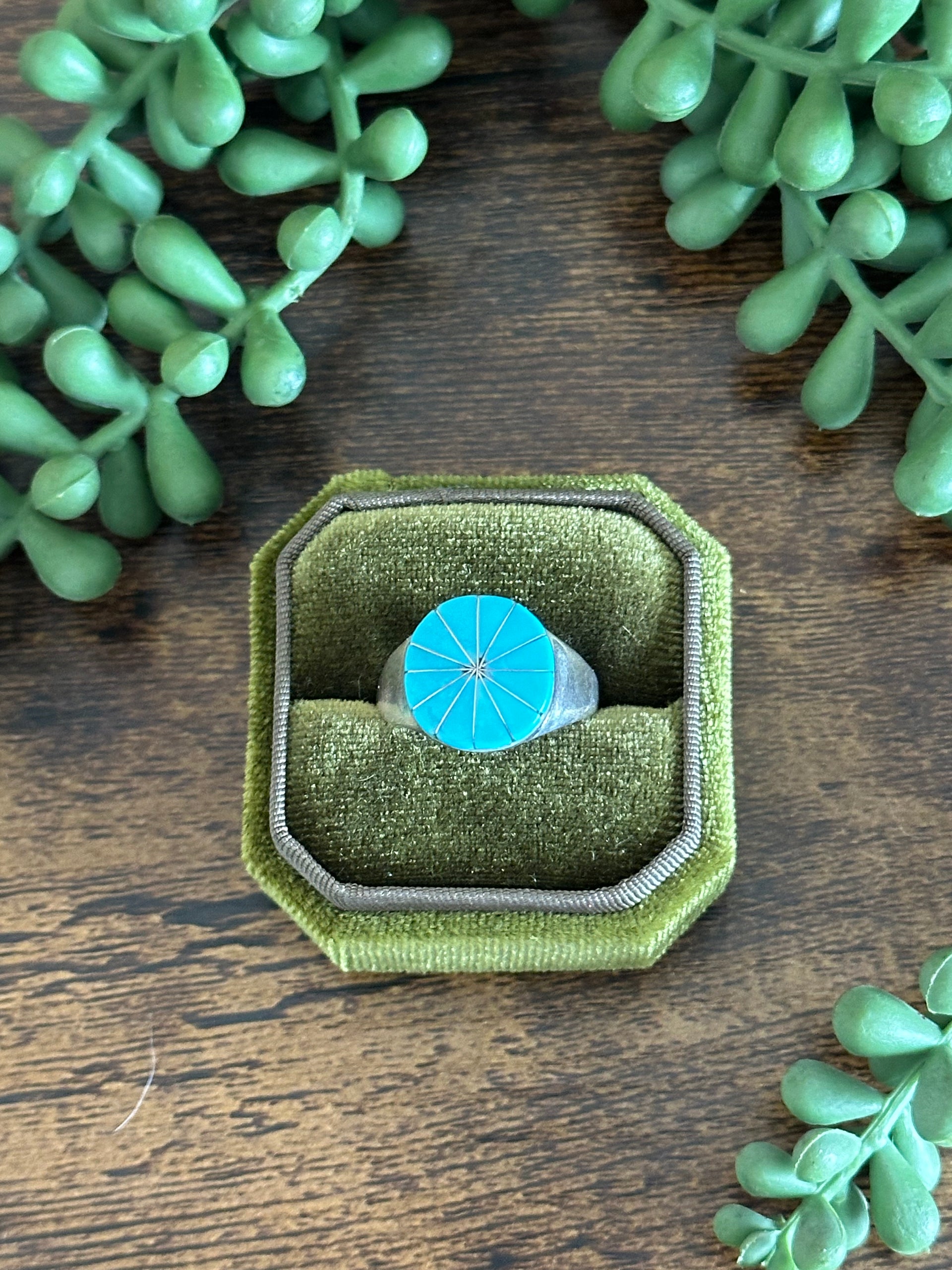 Navajo Handmade Kingman Turquoise & Sterling Silver Square Inlay Ring Size 10