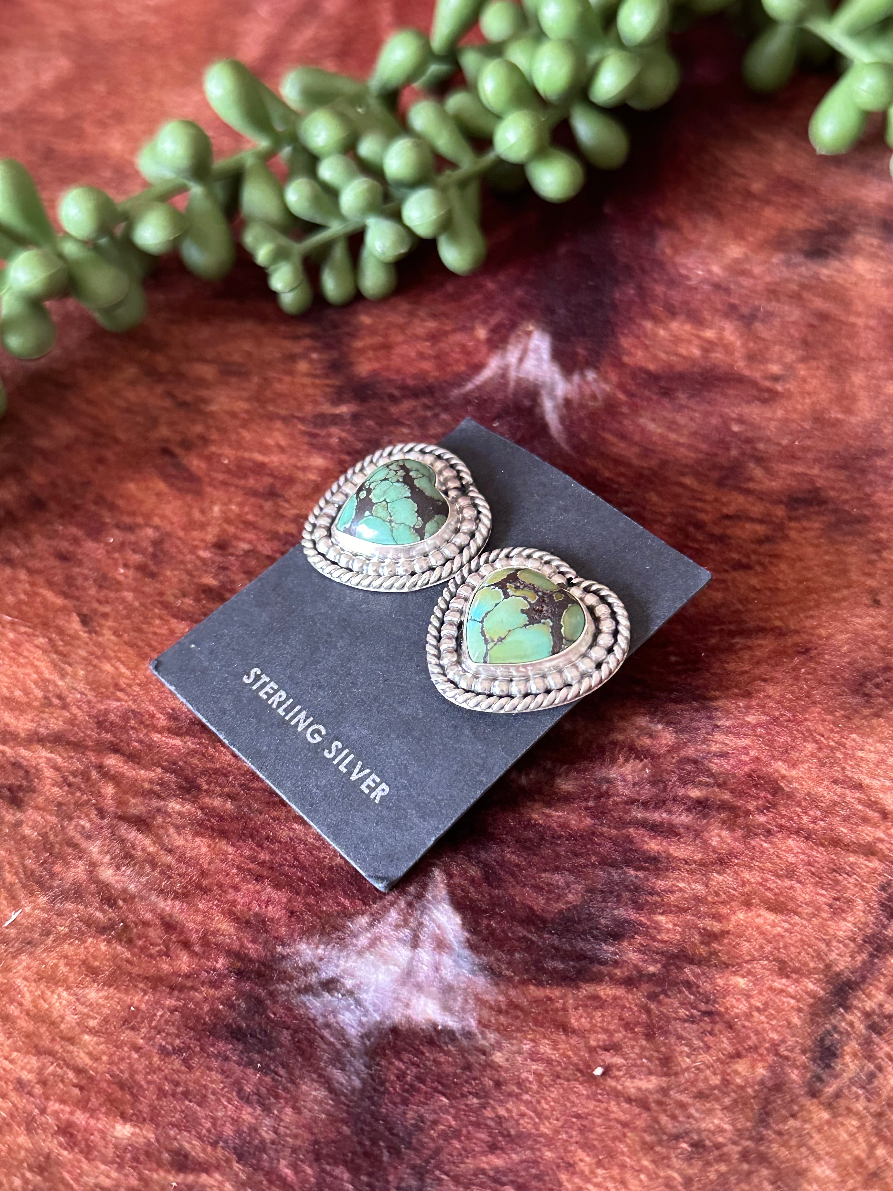 Navajo Handmade Hubei Turquoise & Sterling Silver Heart Post Earrings