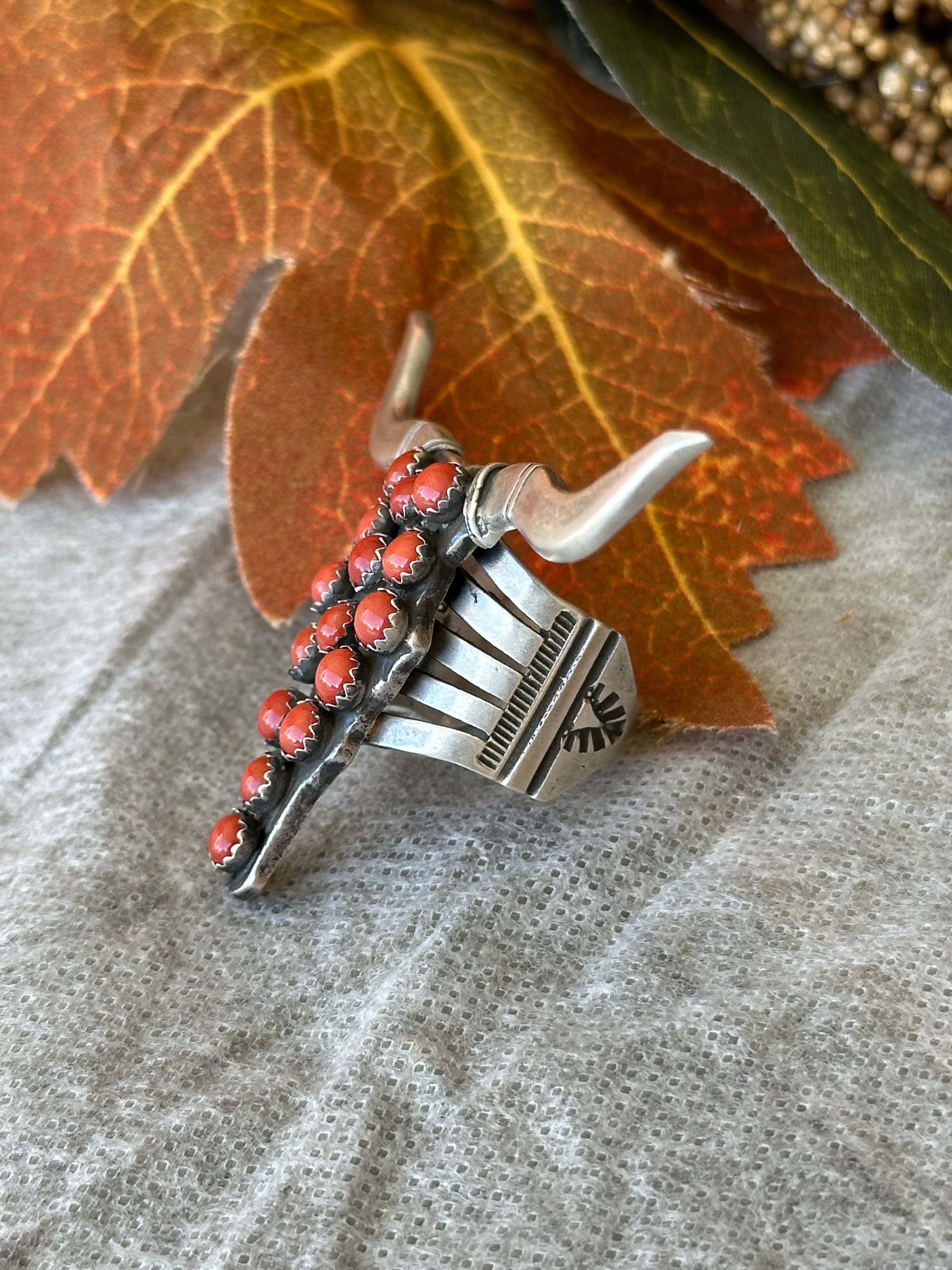 Patrick Yazzie Red Coral & Sterling Silver Bull Skull Ring Size 7.5