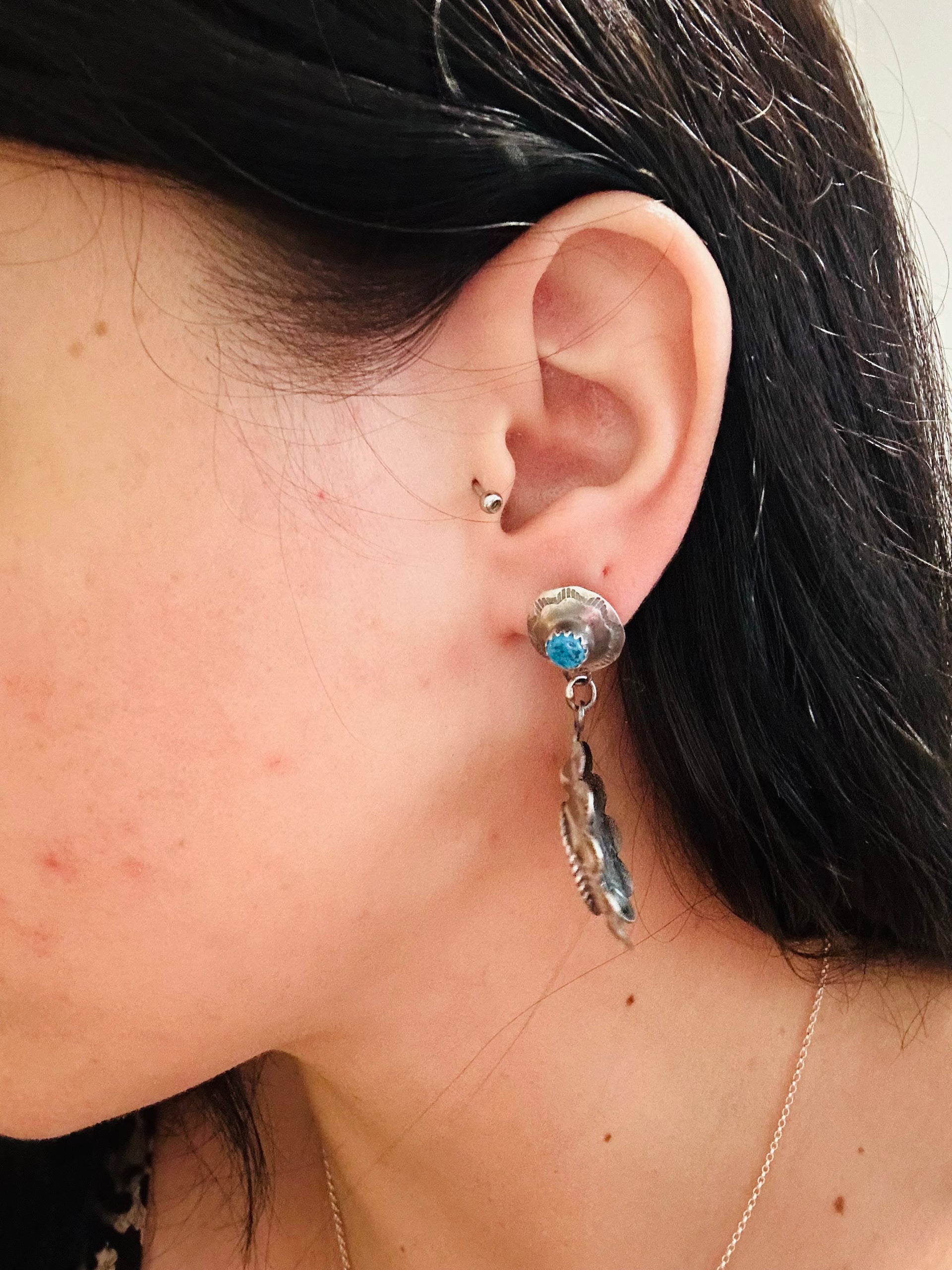 Tim Yazzie Kingman Turquoise & Sterling Silver Post Dangle Concho Earrings