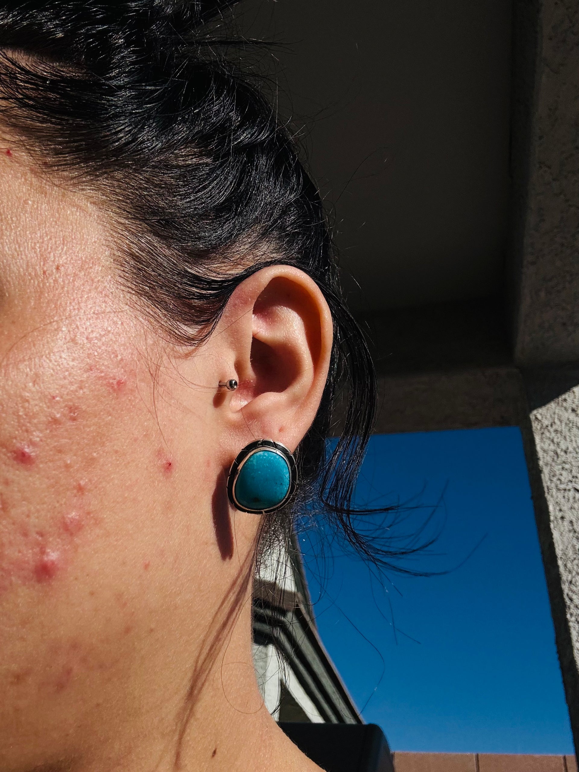 Navajo Made Kingman Turquoise & Sterling Silver Post Earrings