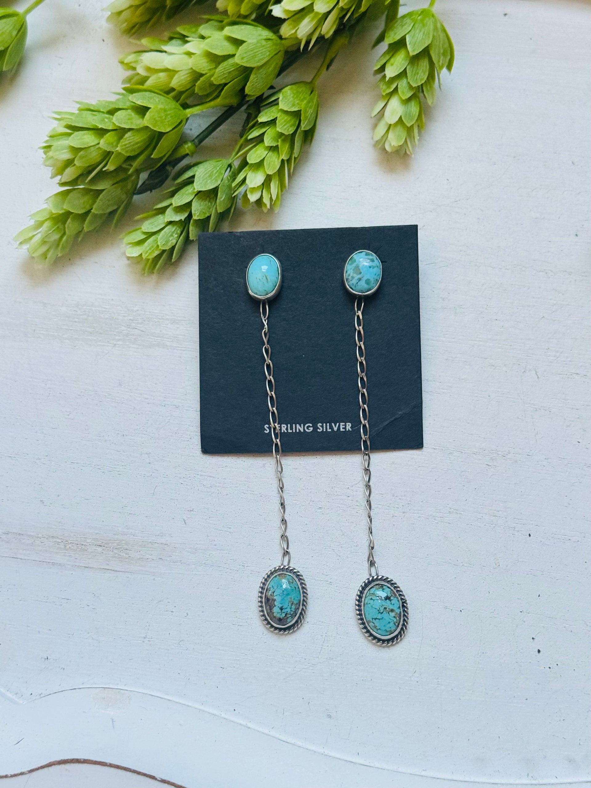 Navajo Made Kingman Turquoise & Sterling Silver Post Dangle Earrings