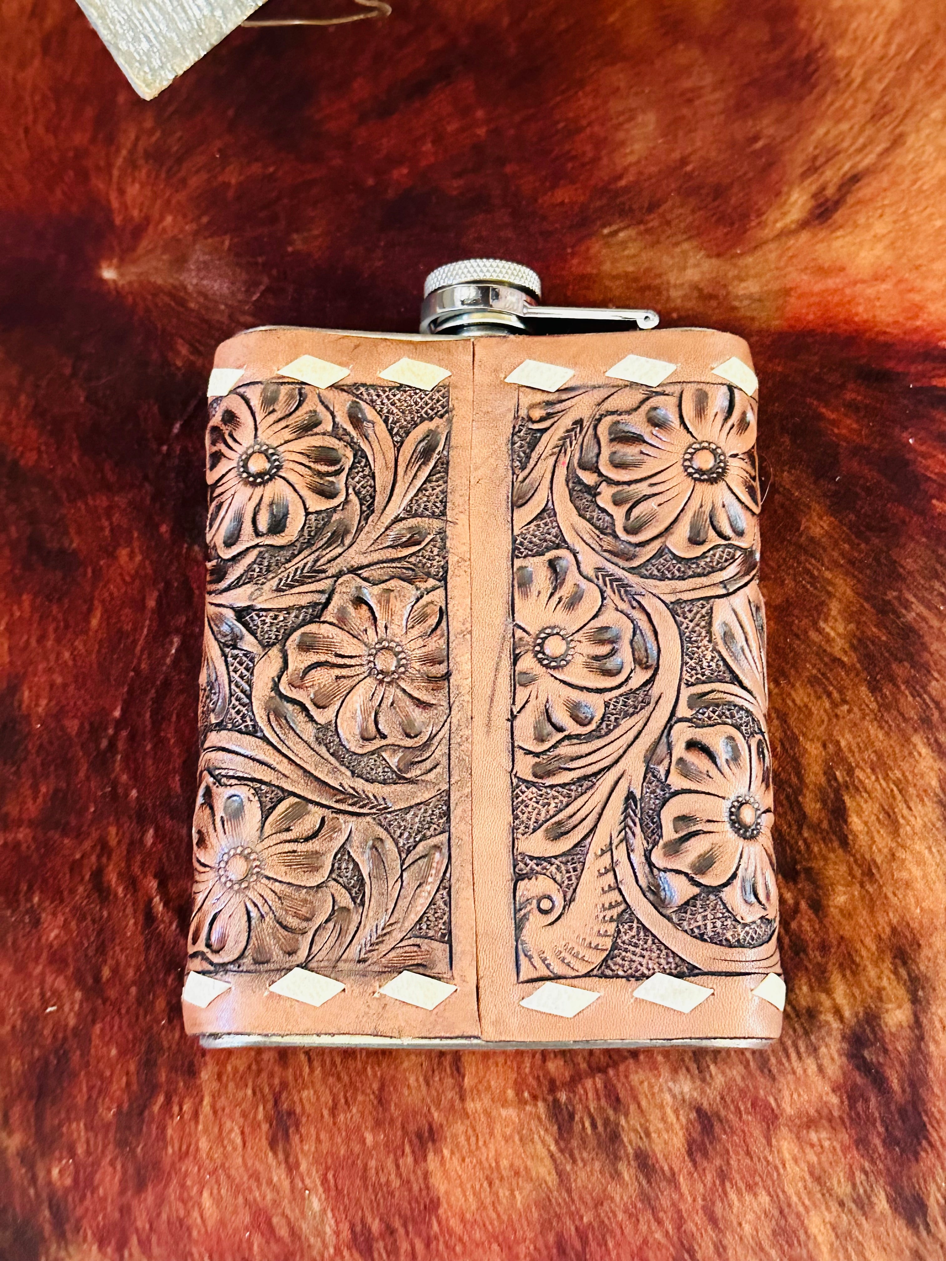 Genuine Tooled Leather 8 oz Flask