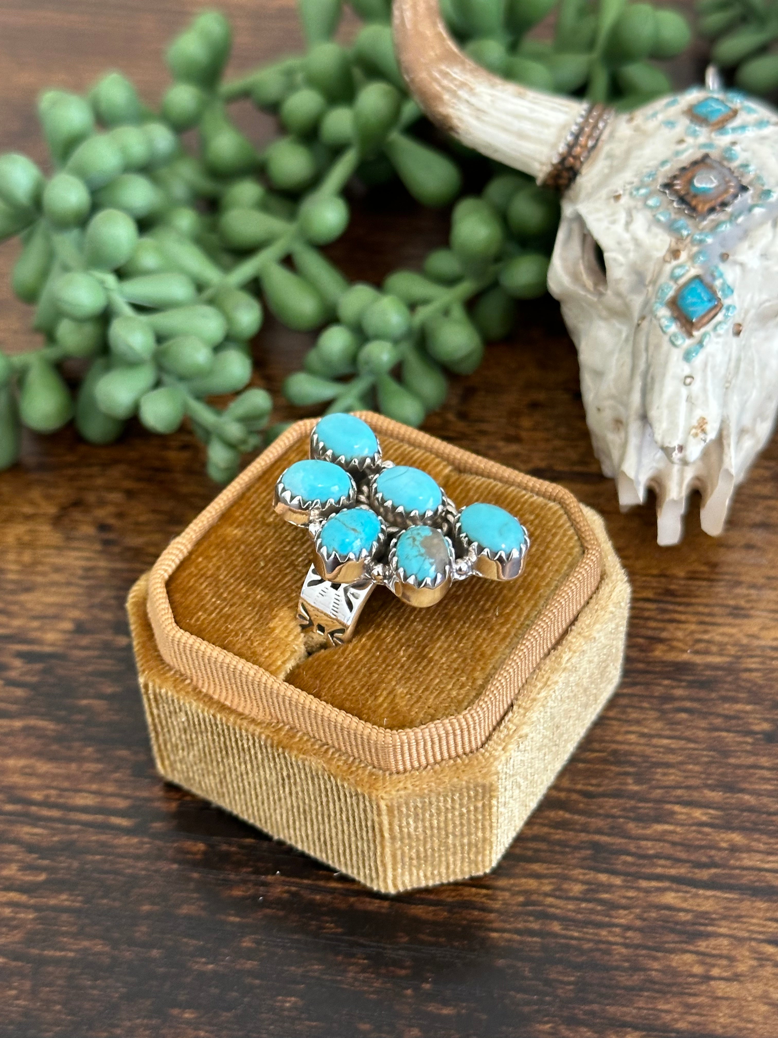 Southwest Handmade Kingman Turquoise & Sterling Silver Adjustable Cluster Ring