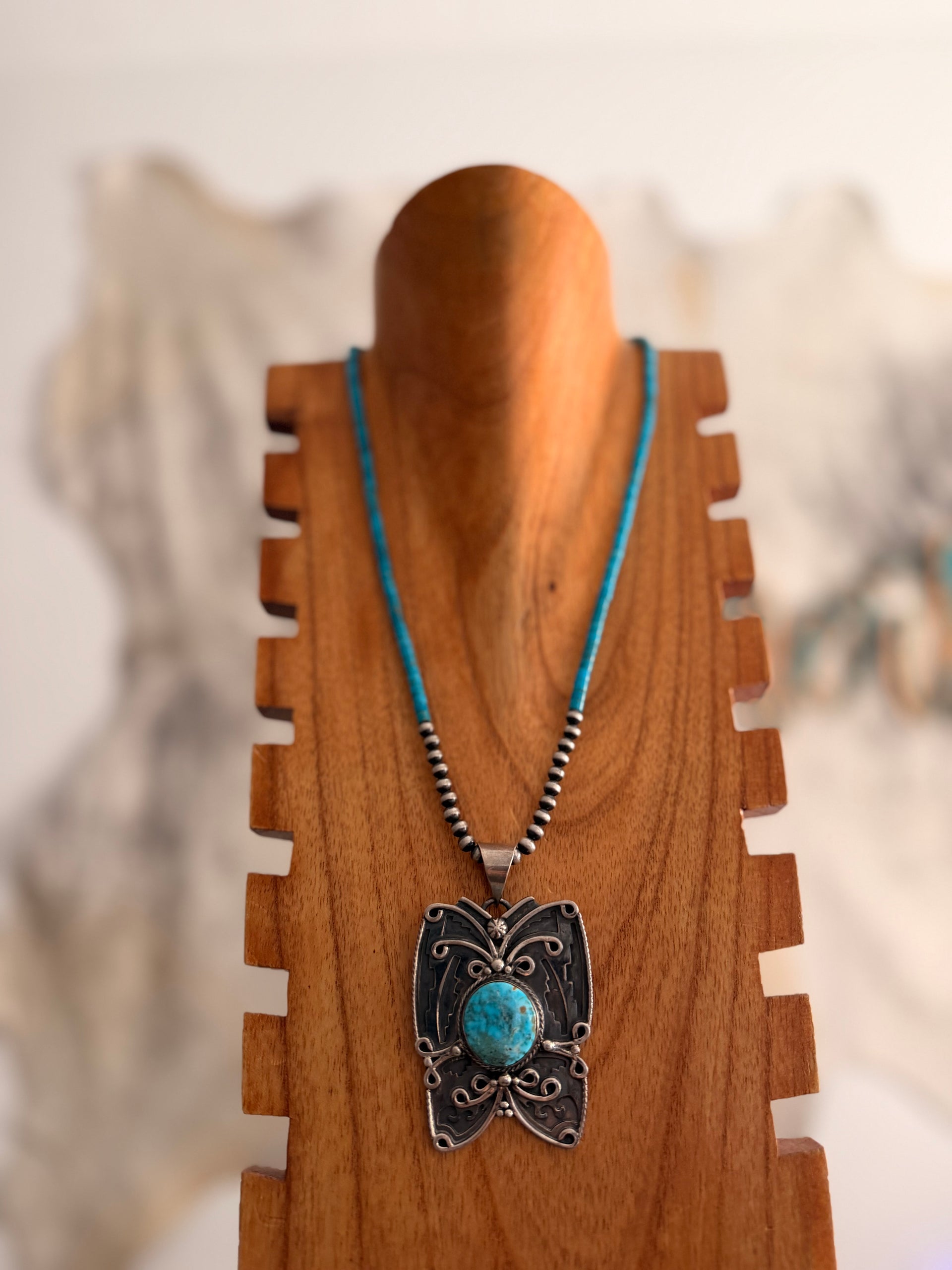 Navajo Made Kingman Turquoise & Sterling Silver Butterfly Beaded Necklace