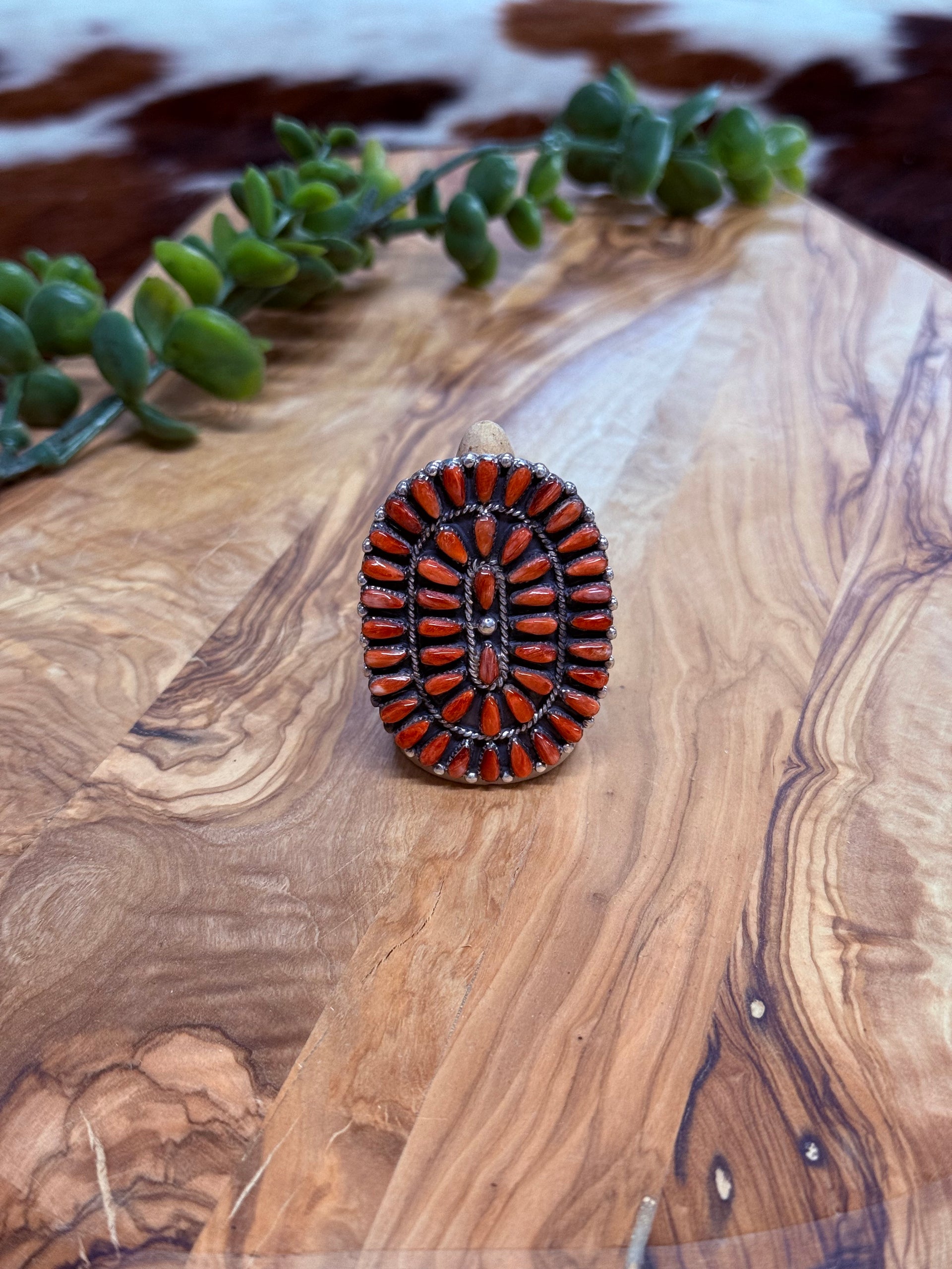 Southwest Handmade Red Spiny Oyster & Sterling Silver Cluster Ring