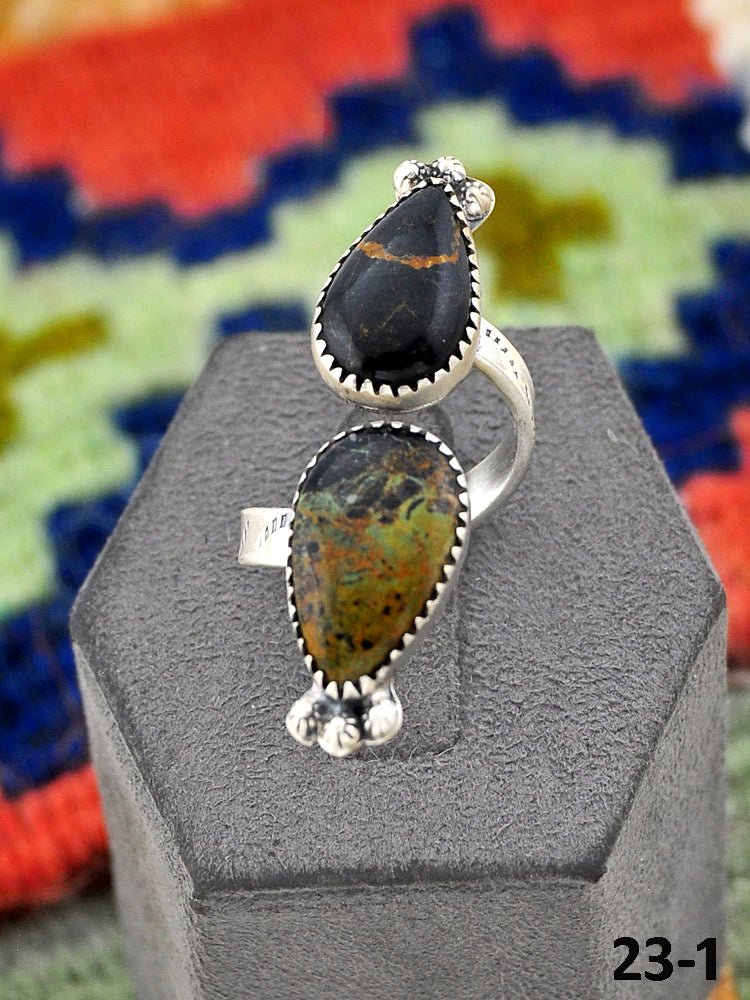 Southwest Handmade Black Jack Turquoise & Sterling Silver Adjustable Ring