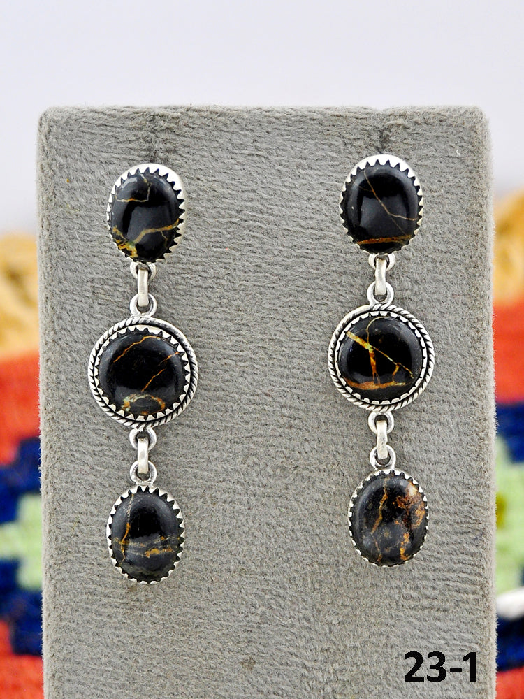 Southwest Made Black Jack Turquoise & Sterling Silver Post Dangle Earrings