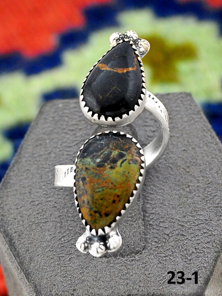 Southwest Handmade Black Jack Turquoise & Sterling Silver Adjustable Ring