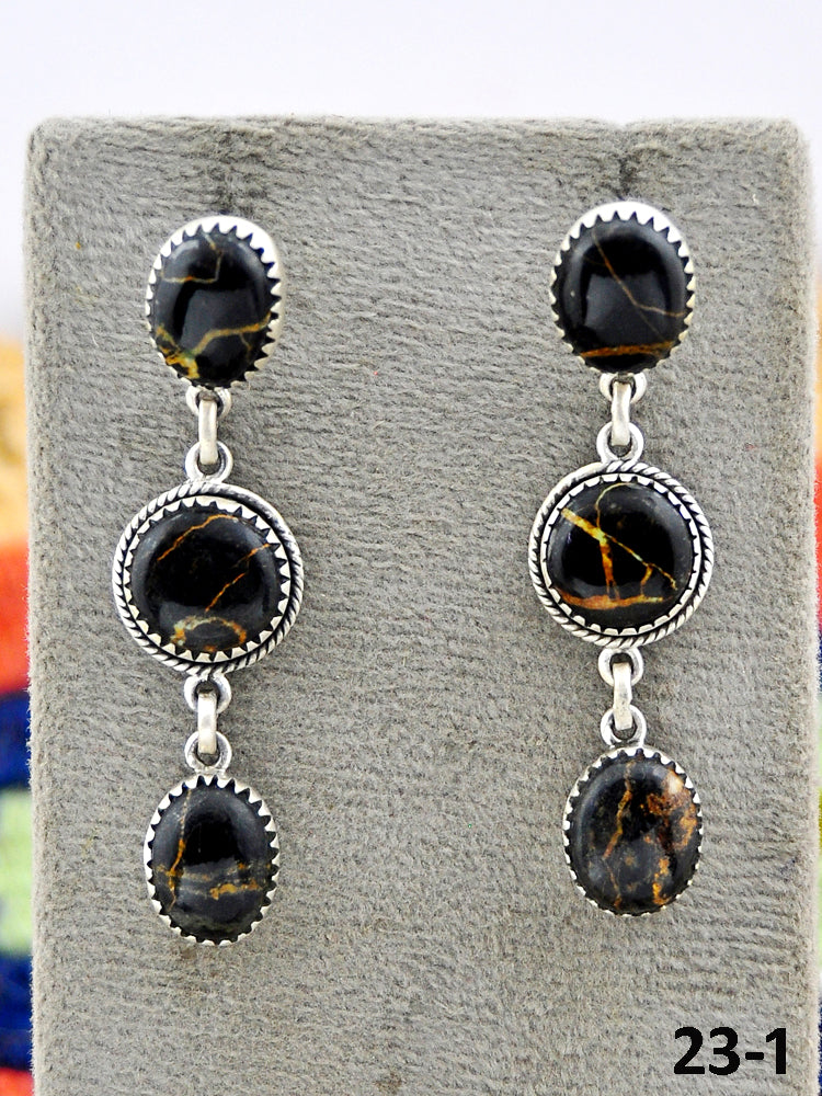 Southwest Made Black Jack Turquoise & Sterling Silver Post Dangle Earrings