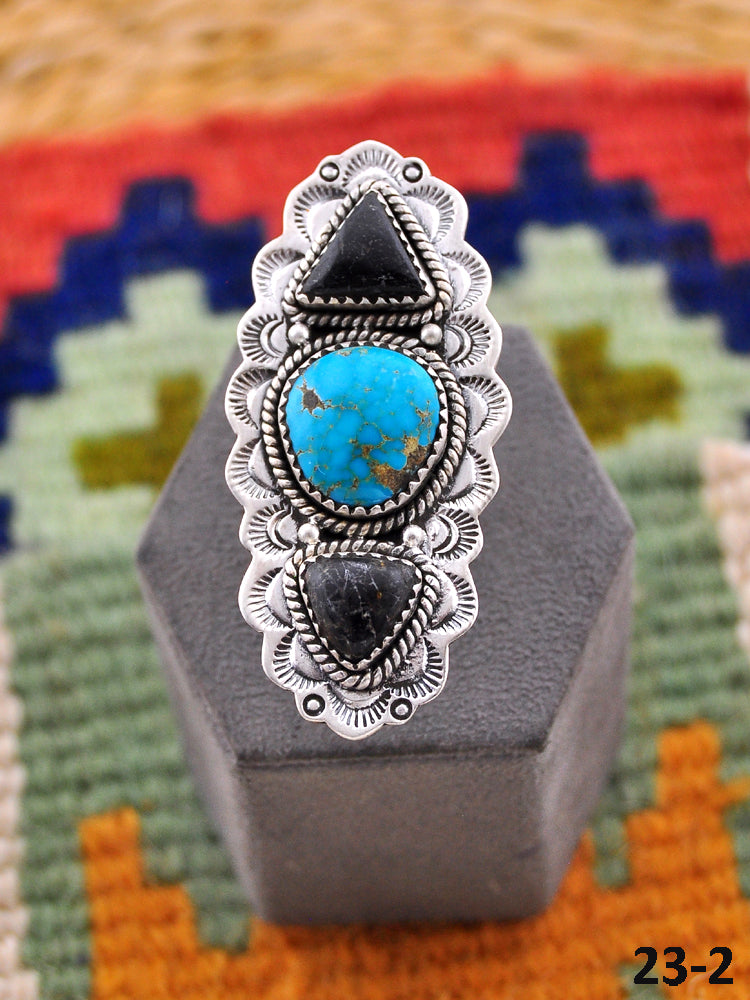 Southwest Handmade Black Jack Turquoise with South Hill  & Sterling Silver Adjustable Ring