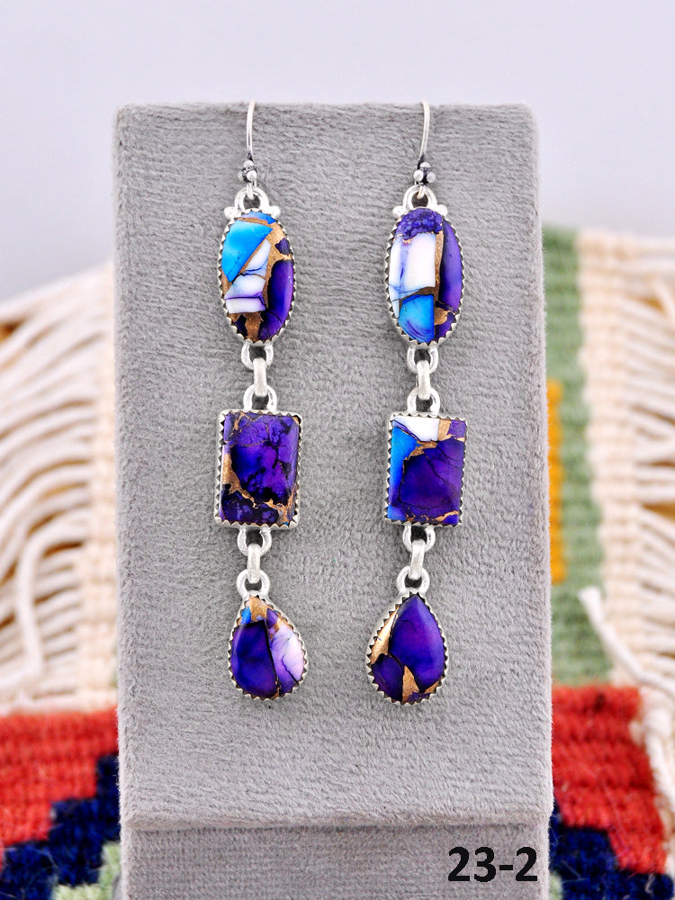 Southwest Made Purple Dahlia & Sterling Silver Hook Dangle Earrings