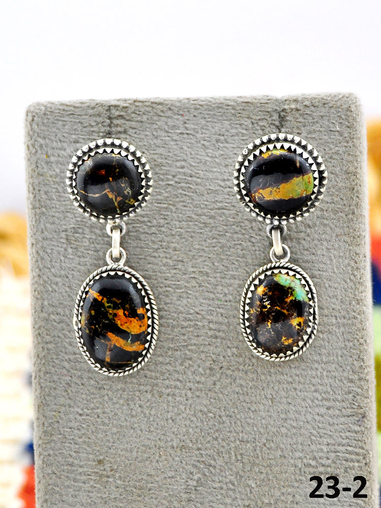 Southwest Made Black Jack Turquoise & Sterling Silver Post Dangle Earrings