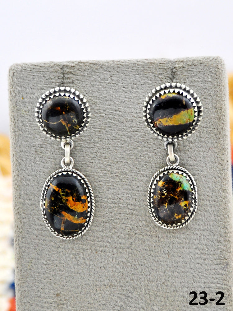 Southwest Made Black Jack Turquoise & Sterling Silver Post Dangle Earrings