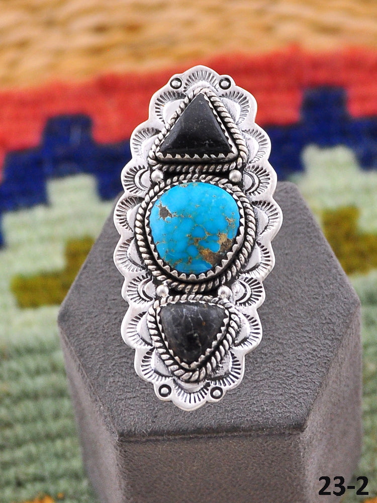 Southwest Handmade Black Jack Turquoise with South Hill  & Sterling Silver Adjustable Ring