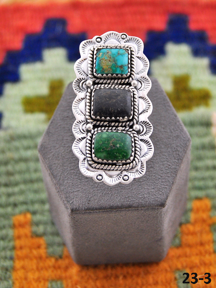 Southwest Handmade Black Jack Turquoise with Emerald Valley & Sterling Silver Adjustable Ring
