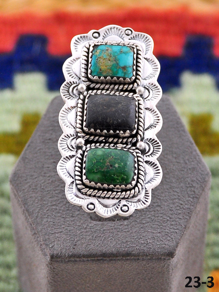 Southwest Handmade Black Jack Turquoise with Emerald Valley & Sterling Silver Adjustable Ring