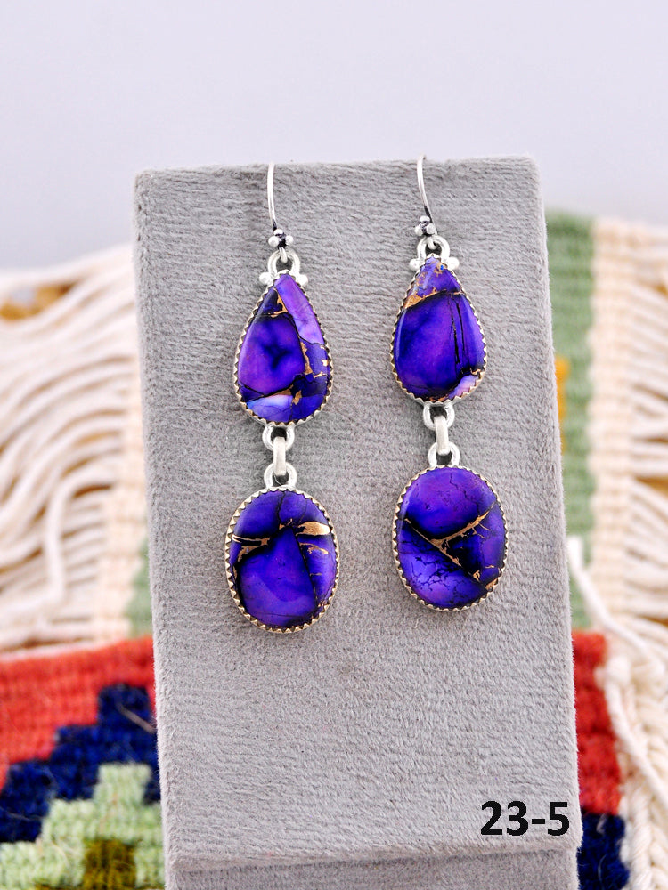 Southwest Made Purple Dahlia & Sterling Silver Hook Dangle Earrings