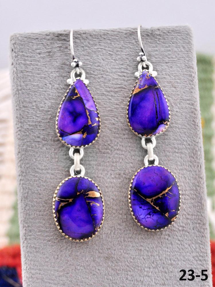 Southwest Made Purple Dahlia & Sterling Silver Hook Dangle Earrings