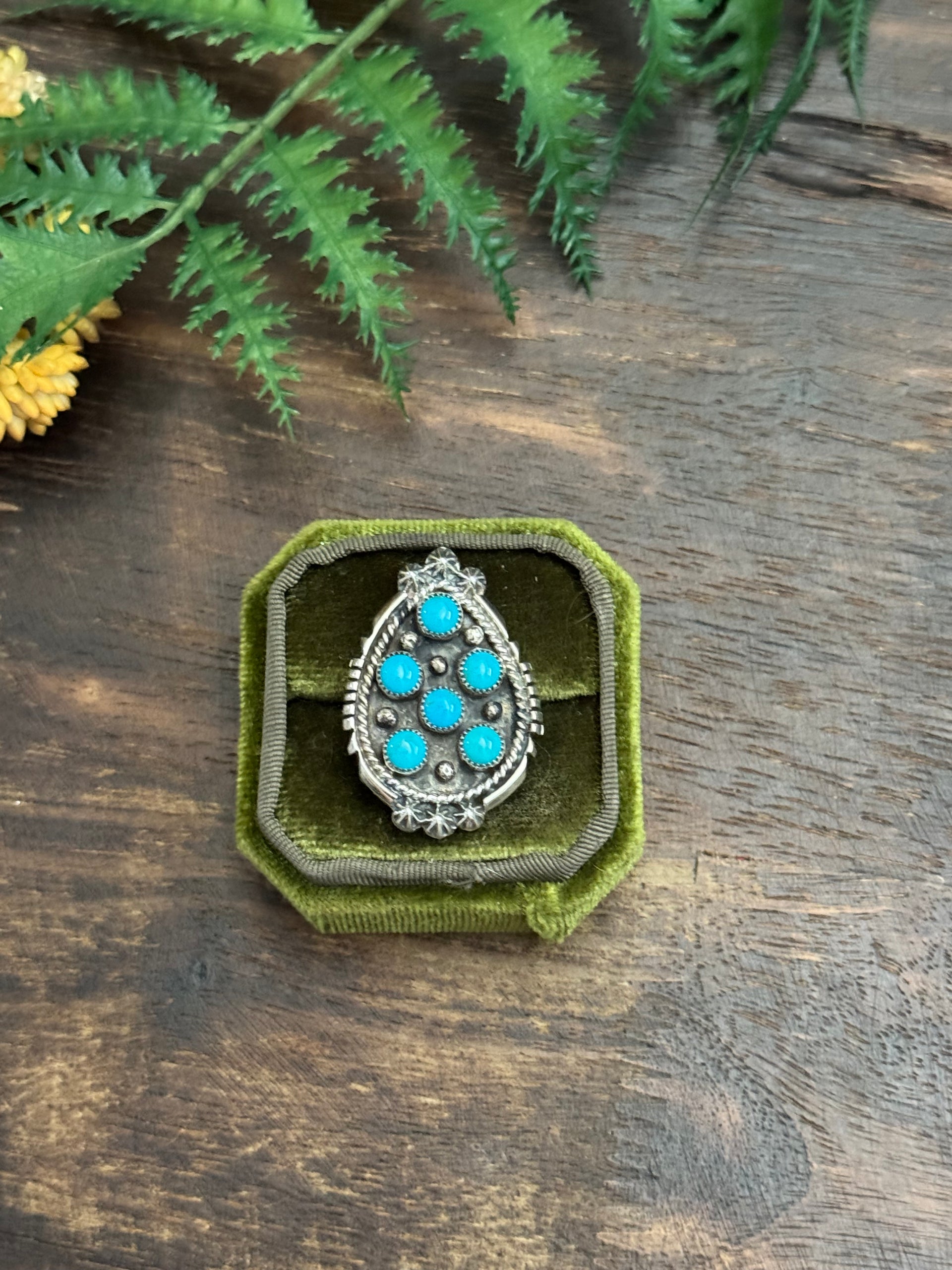 Kenny Lonjose Kingman Turquoise & Sterling Sliver Cluster Ring