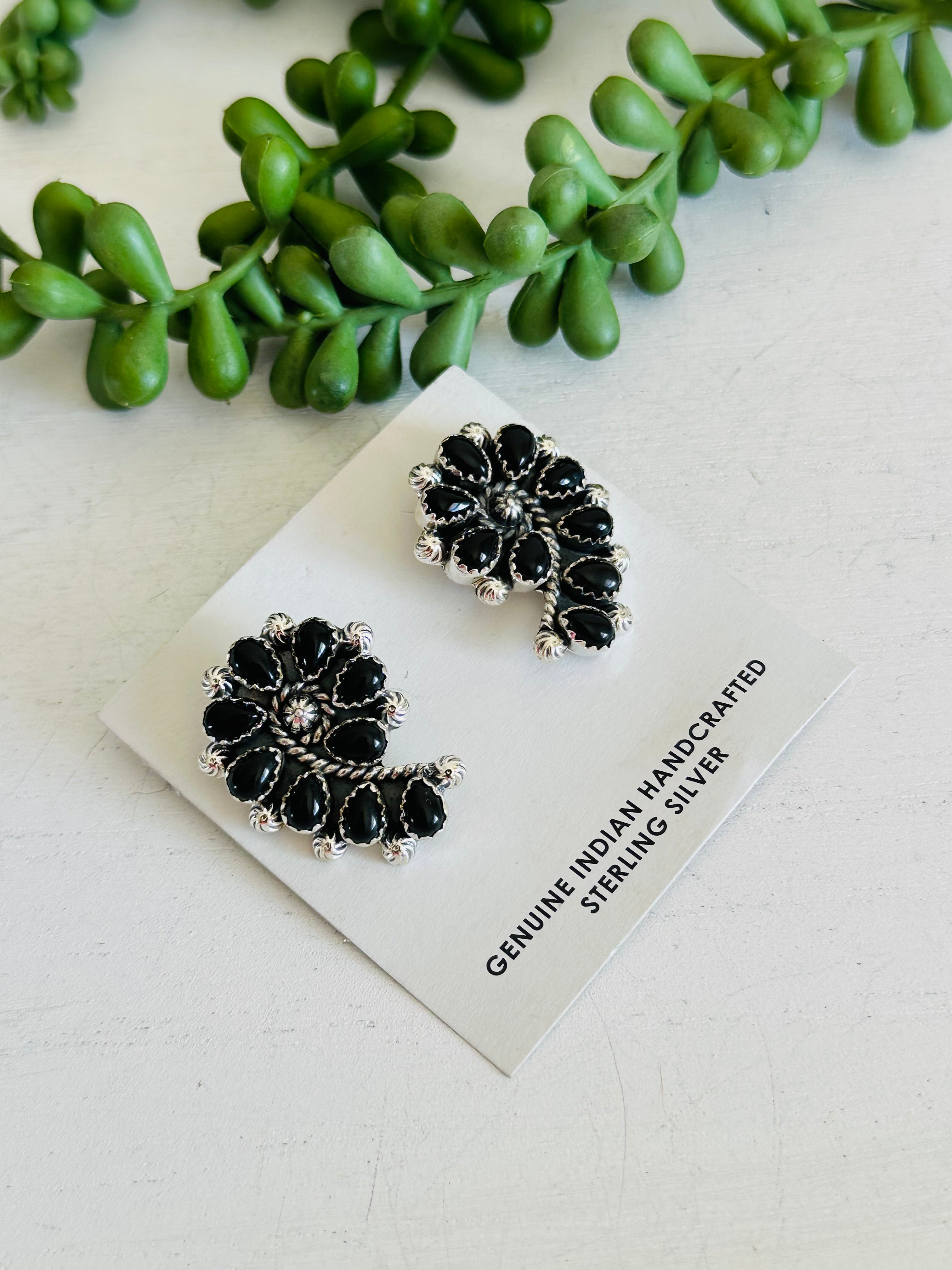 Southwest Handmade Onyx & Sterling Silver Post Cluster Earrings