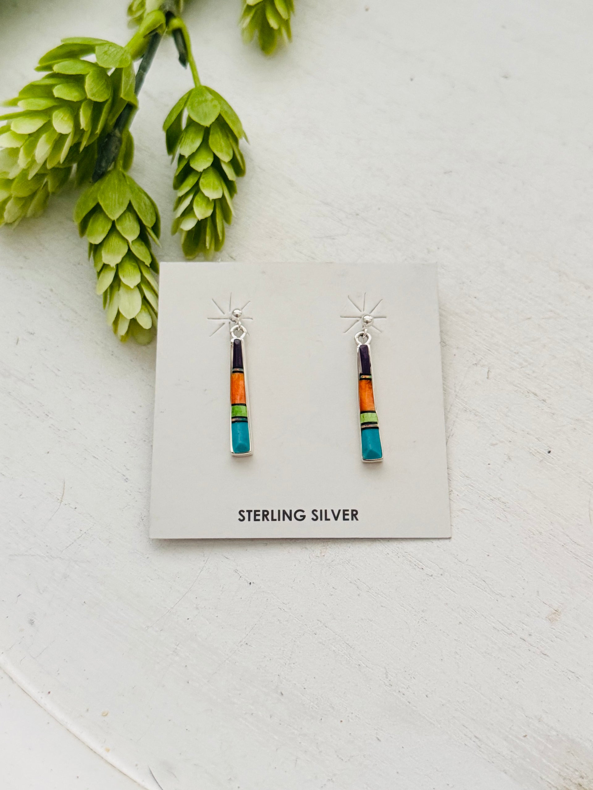 Rick Tolino Multi Stone & Sterling Silver Post Dangle Inlay Earrings