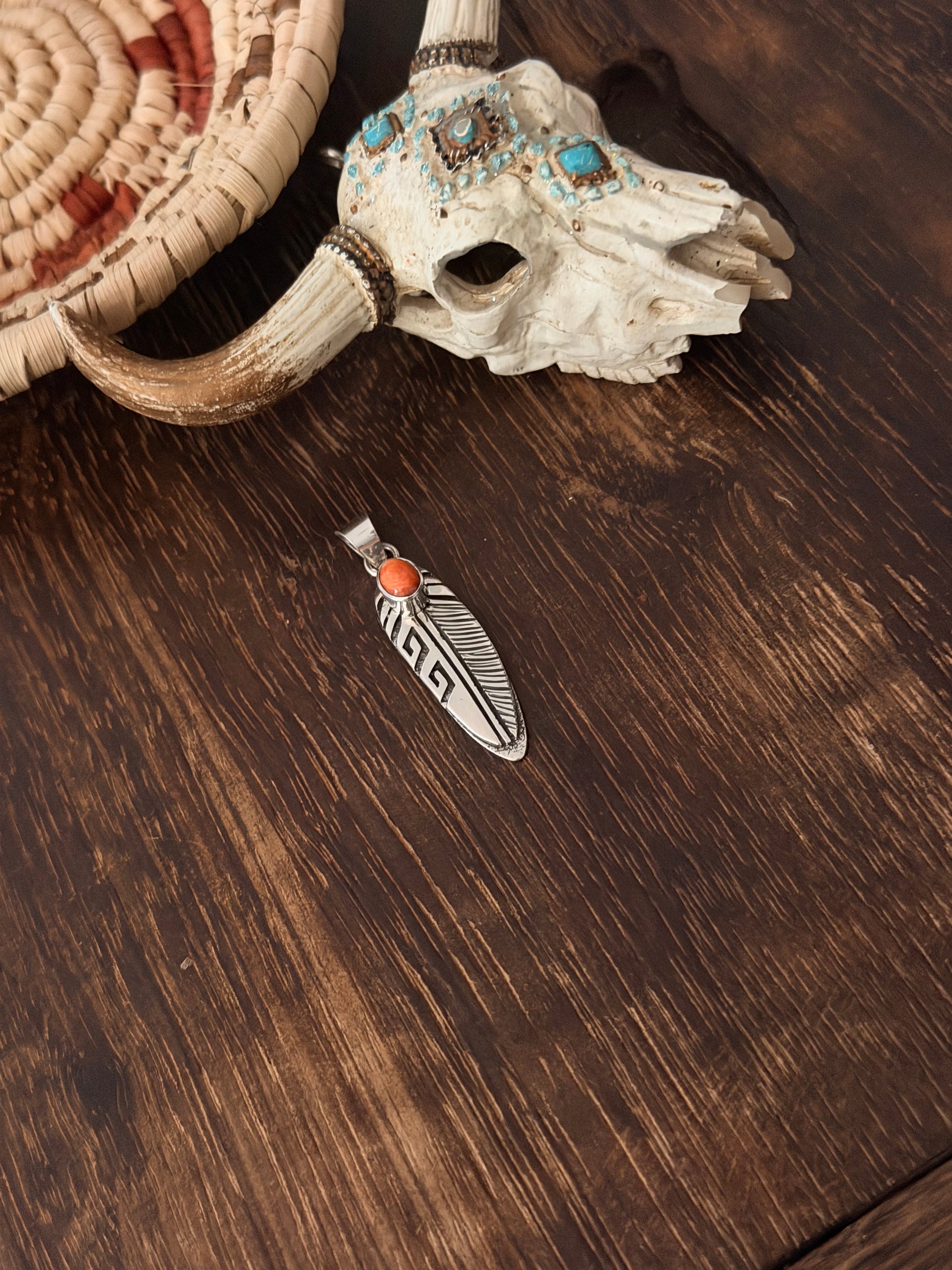 Shirley Henry Spiny Oyster & Sterling Silver Feather Pendant
