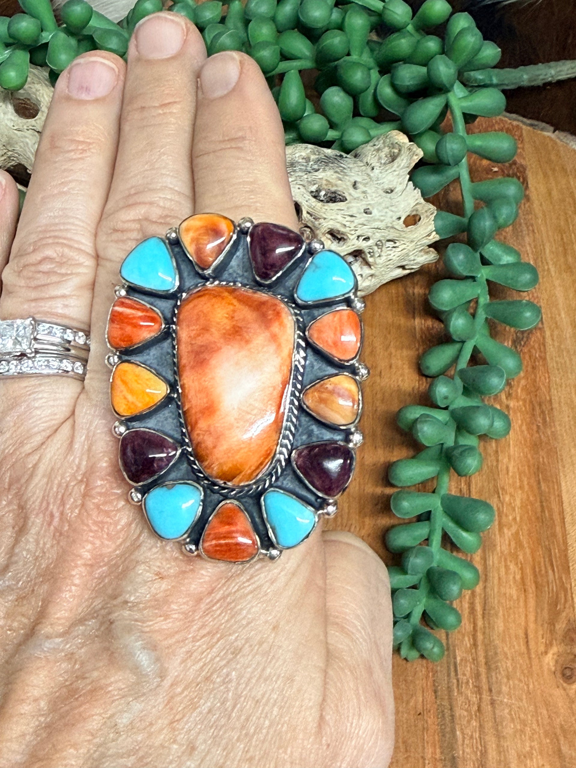 Southwest Handmade Multi Stone & Sterling Silver Adjustable Ring