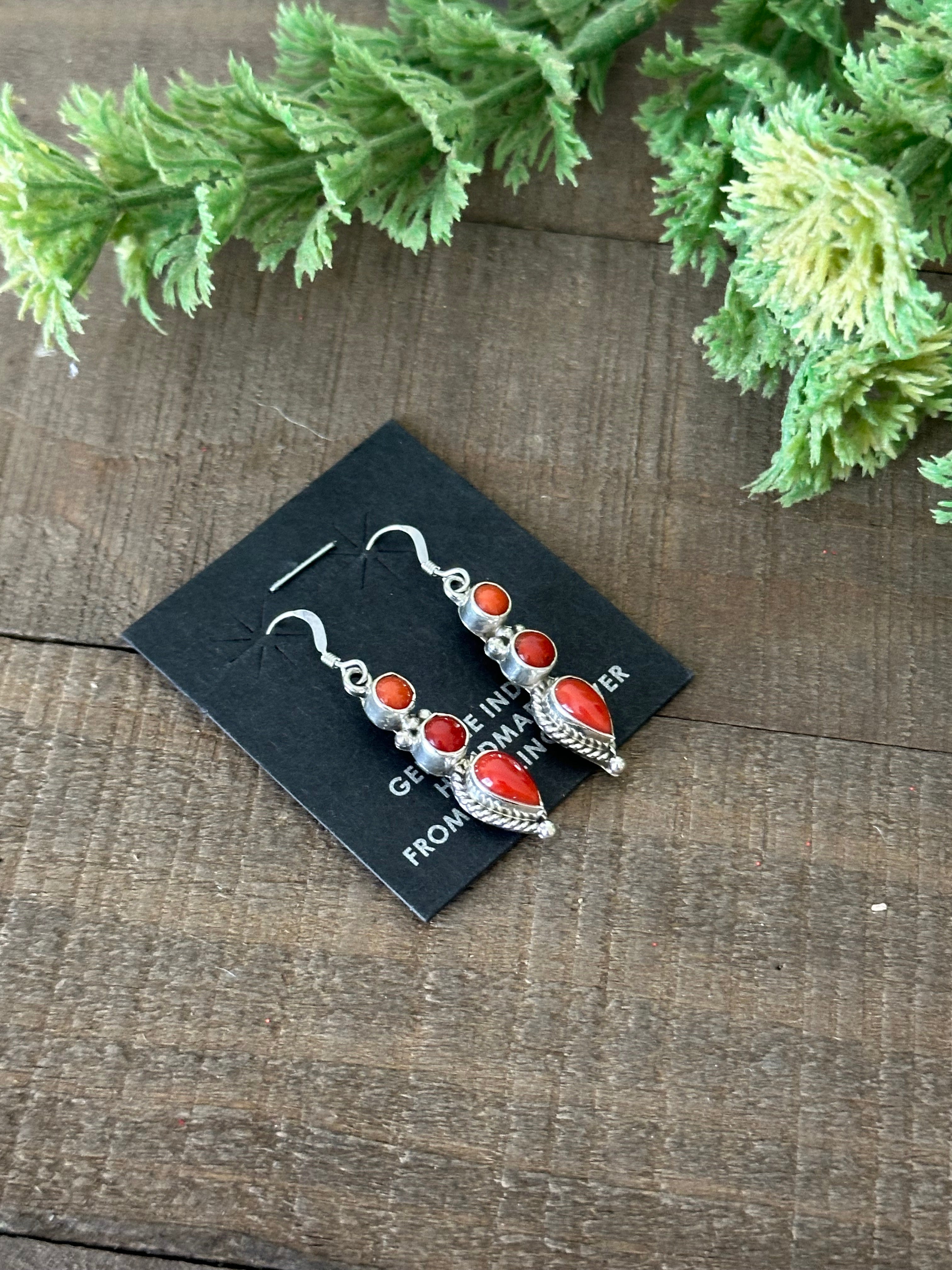 Navajo Made Coral & Sterling Silver Dangle Earrings