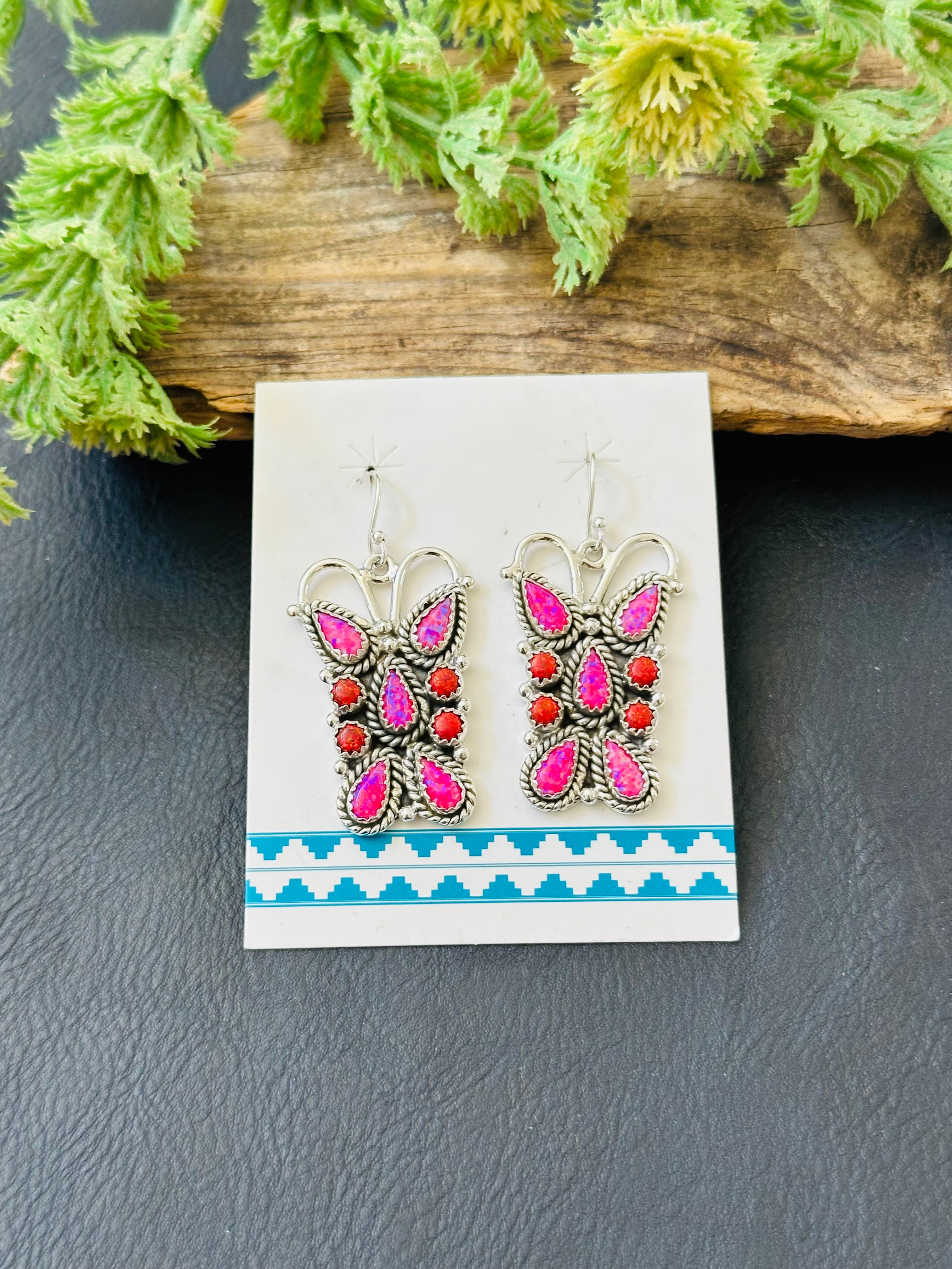 TTD “K’aalógii” Pink/Red Opal & Sterling Silver Dangle Earrings