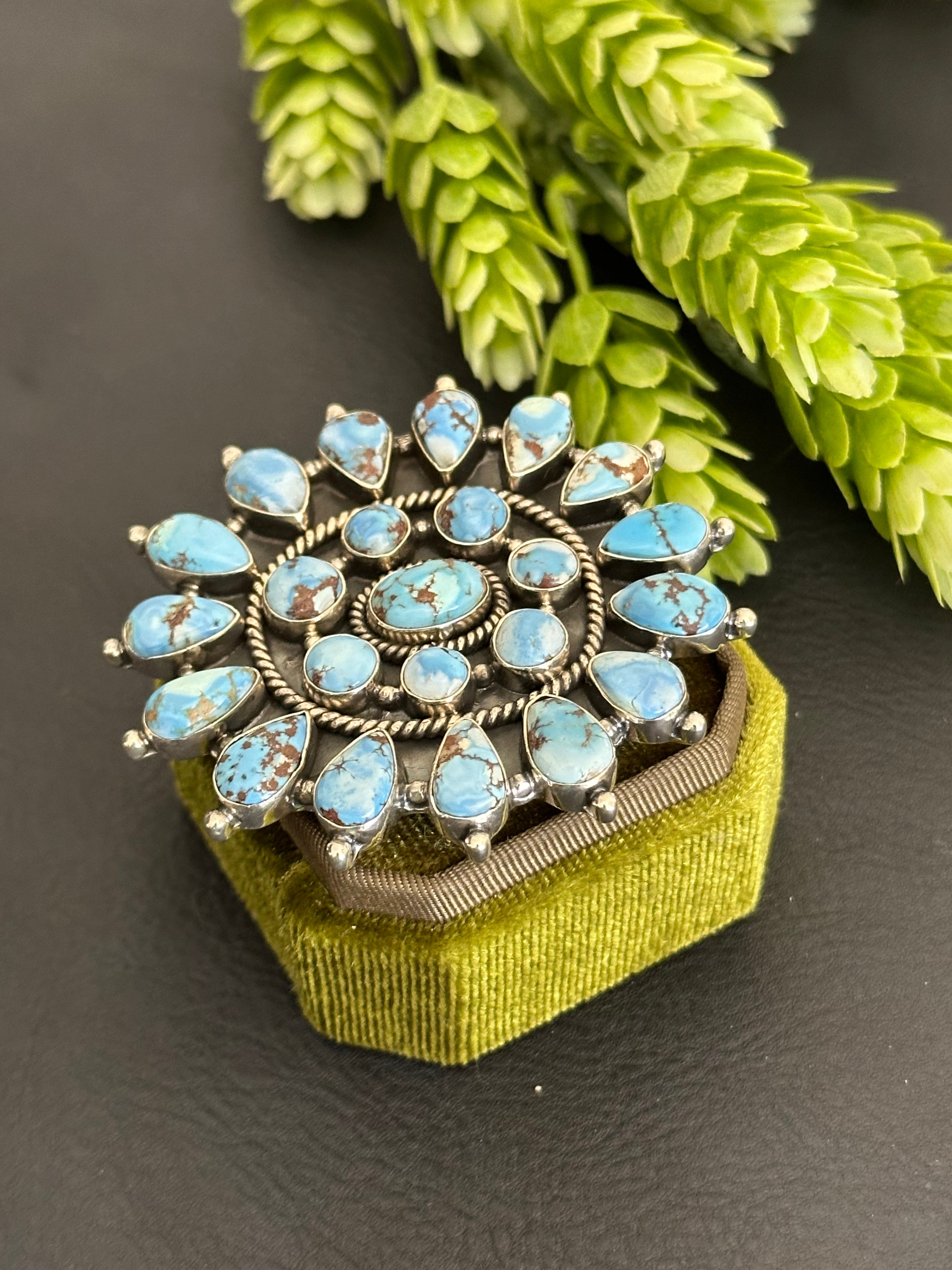 Southwest Handmade Golden Hills Turquoise & Sterling Silver Adjustable Cluster Ring