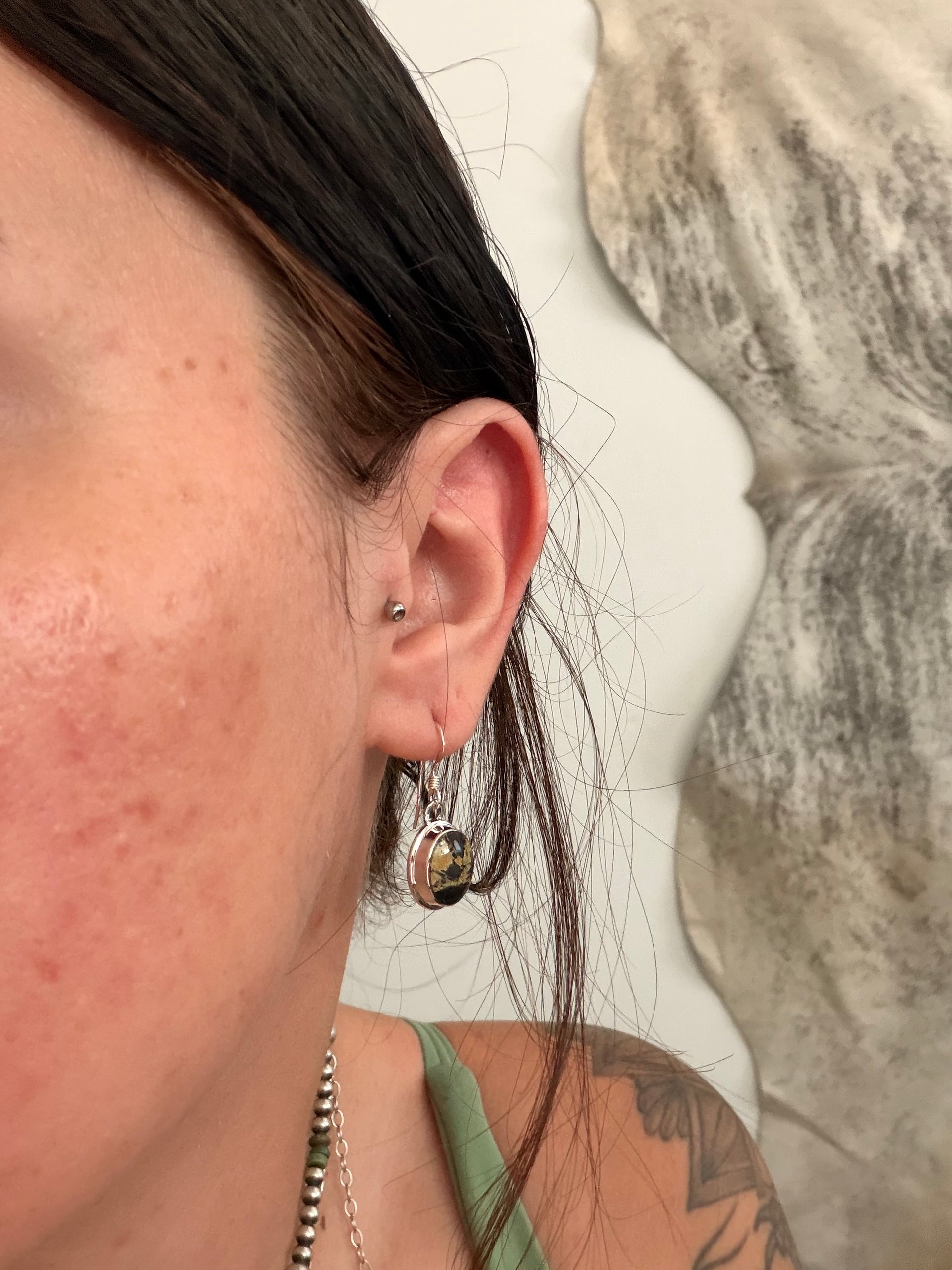 Navajo Made Black Jack Turquoise & Sterling Silver Dangle Earrings