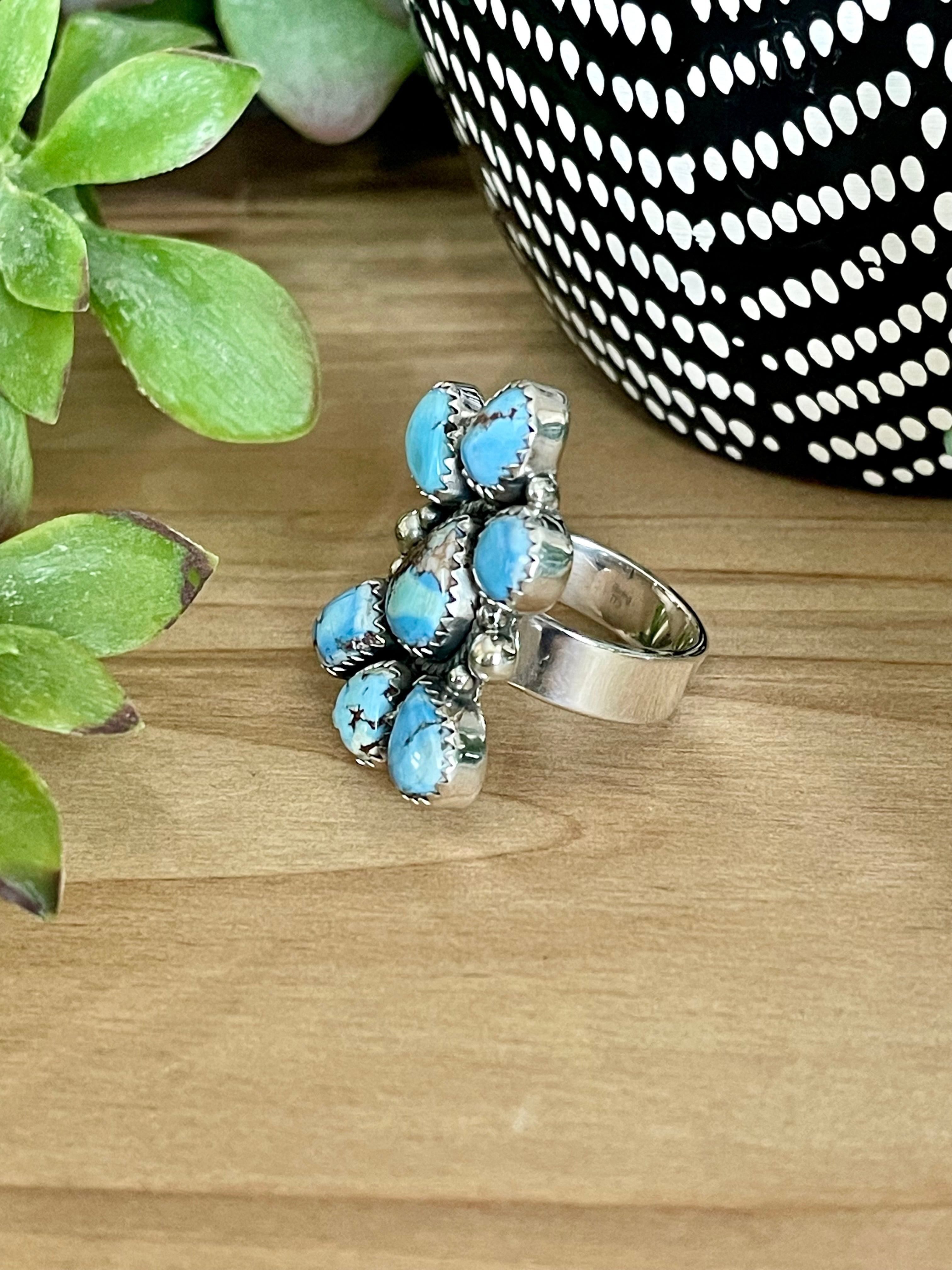 Southwest Handmade Golden Hills Turquoise & Sterling Silver Adjustable Cluster Ring