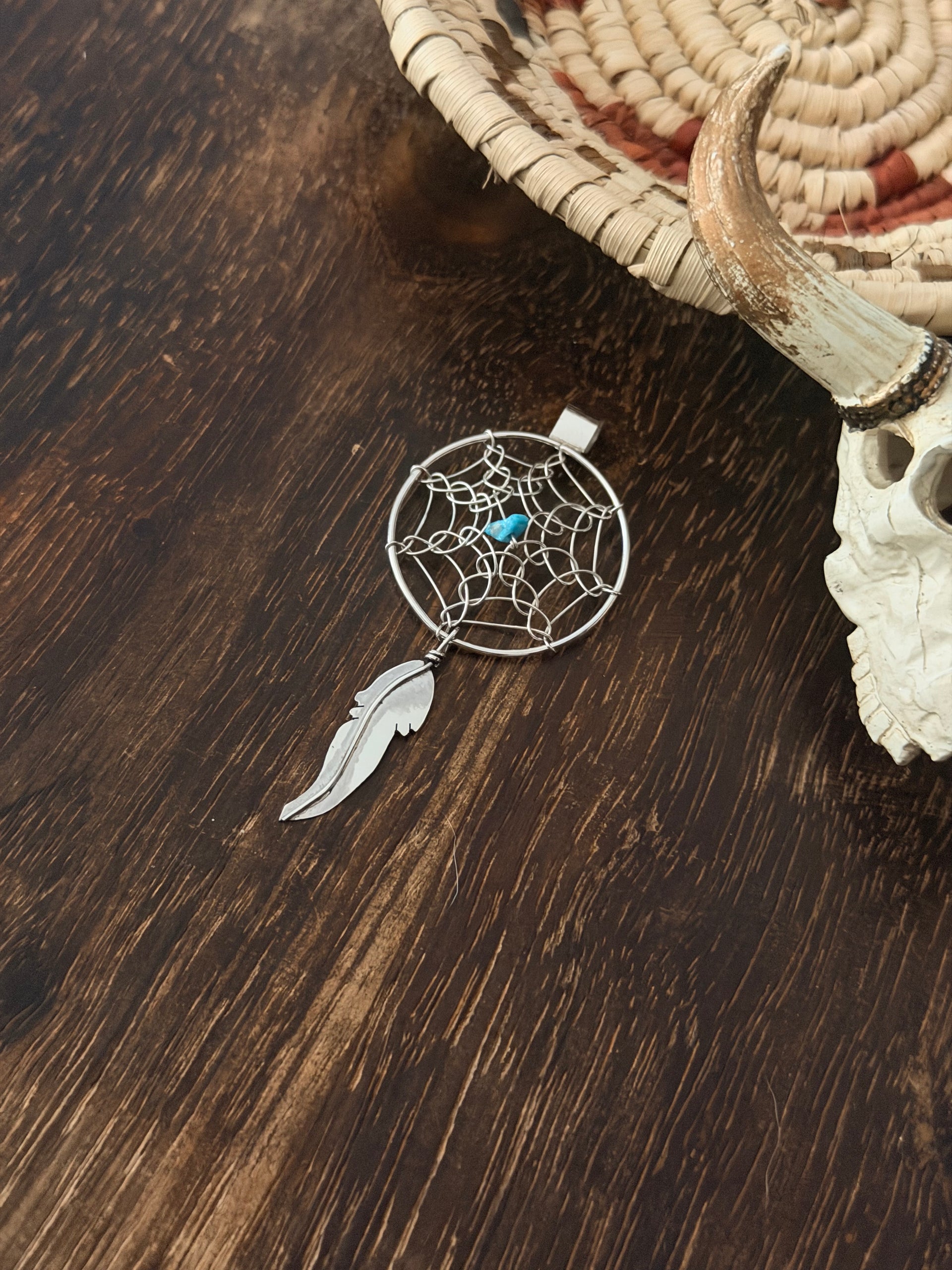 Navajo Made Sterling Silver Dream Catcher Feather Pendant
