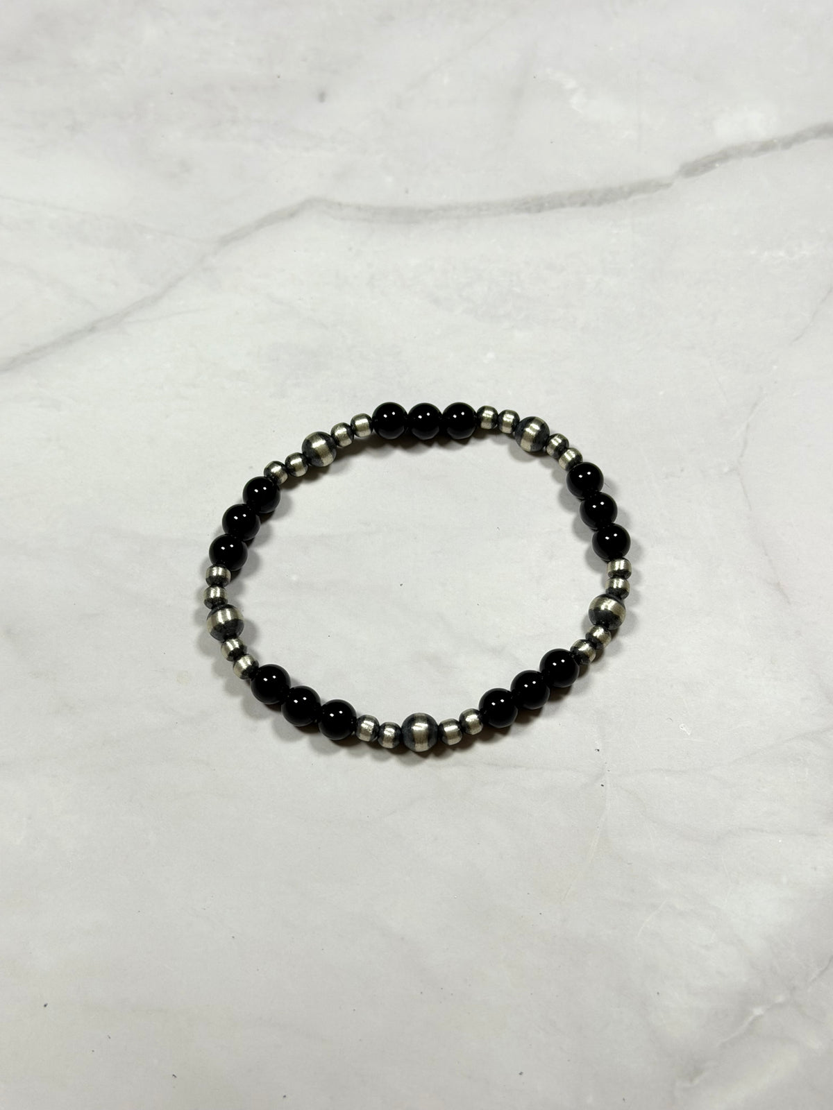 Navajo Strung Onyx & Sterling Silver Machine Made Pearl Stretch Beaded Bracelet