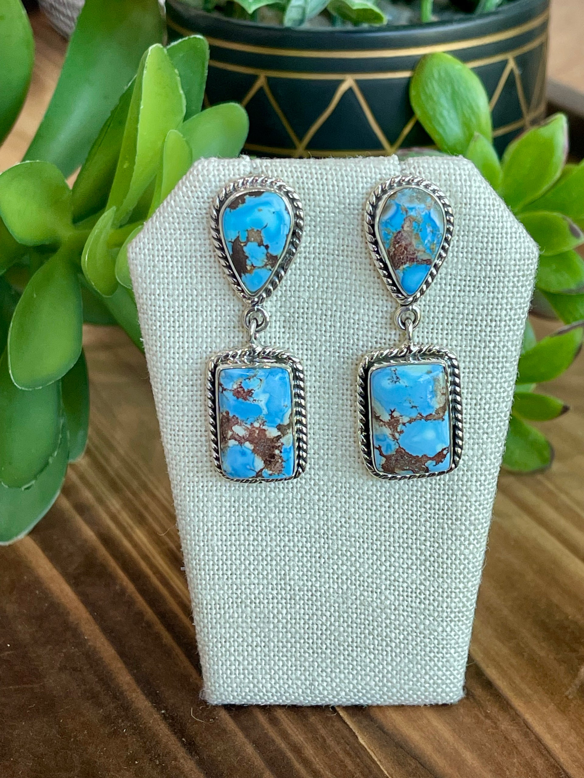 Southwest Handmade Golden Hills Turquoise & Sterling Silver Post Dangle Earrings
