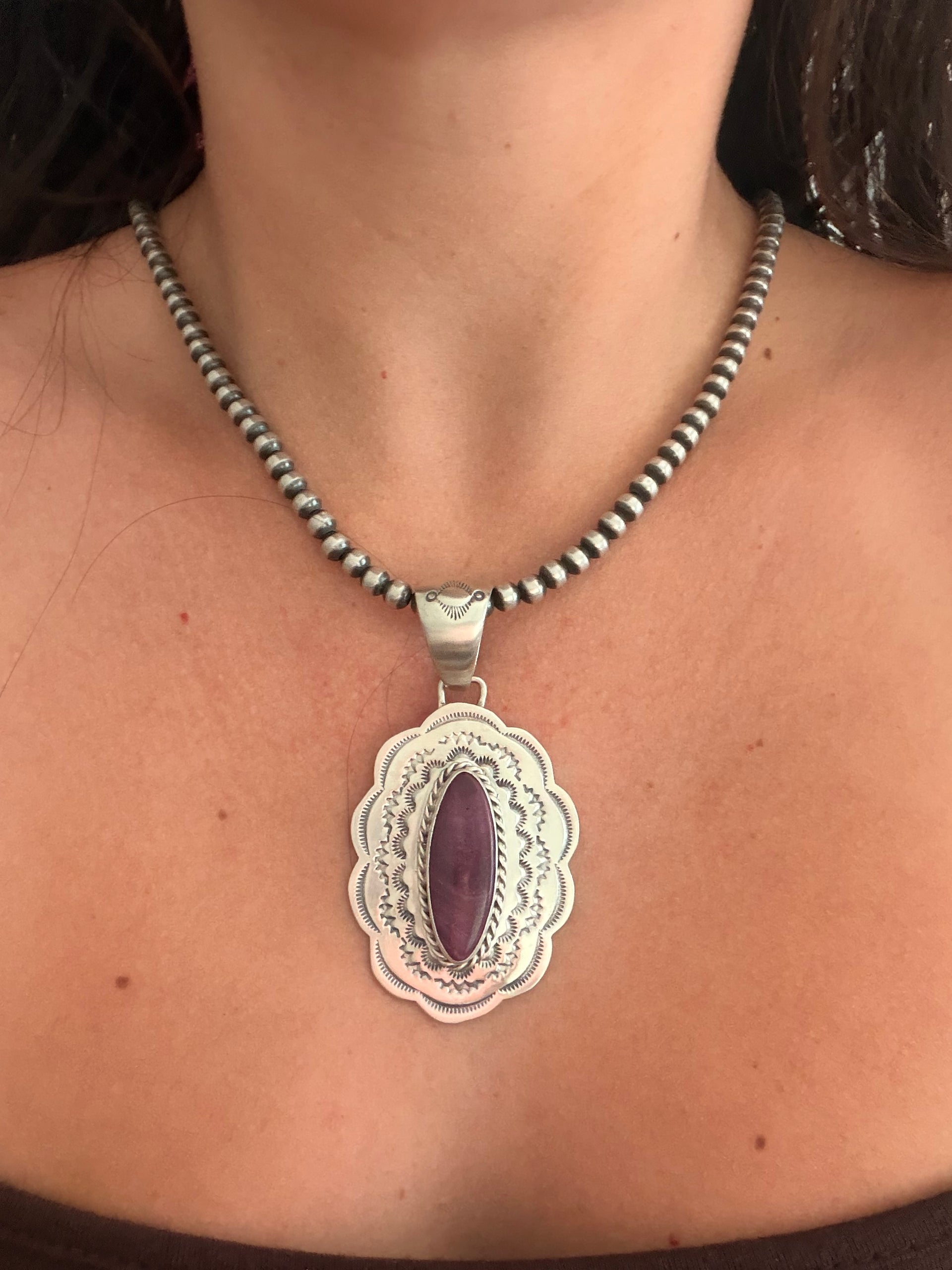 Navajo Made Purple Spiny Oyster & Sterling Silver Concho Pendant